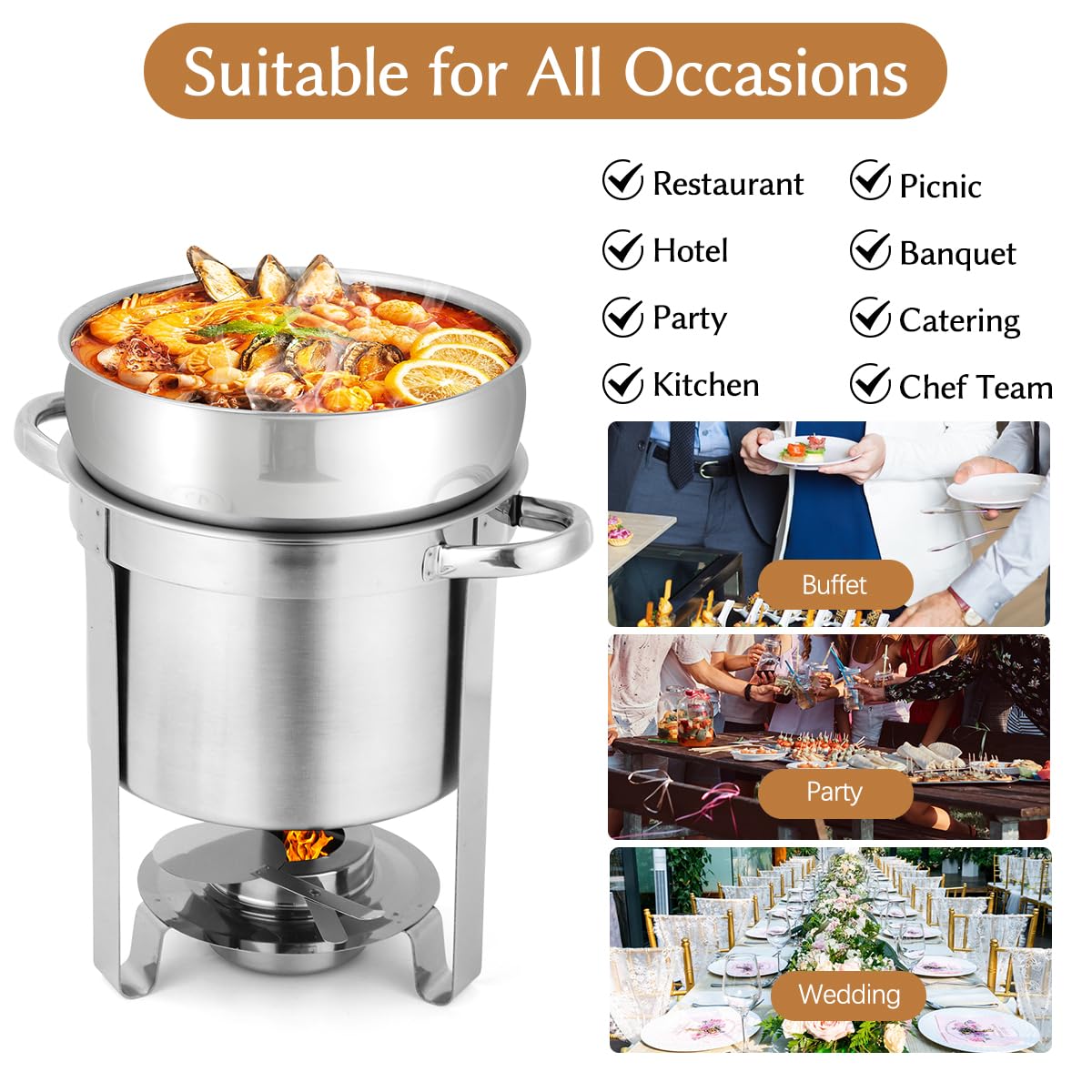 Snowtaros 7QT Soup Chafer, Stainless Steel Round Soup Warmer with Pot Lid & Fuel Holder, Commercial Soup Pot Chafing Dish for Catering, Parties, Banquets, Events, No Electricity Required (2 Pack)