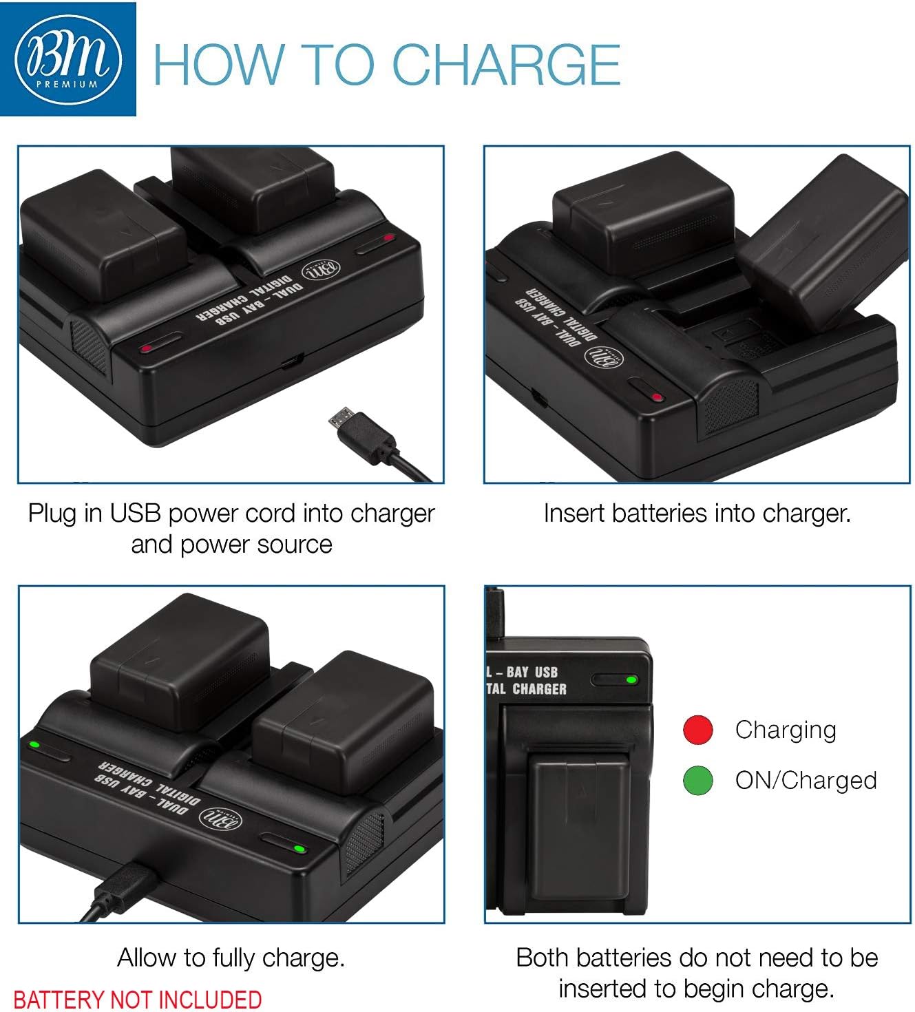 BM Premium VW-VBK180, VW-VBK360, VBT190, VBT380 Dual USB Battery Charger for Panasonic Camcorders