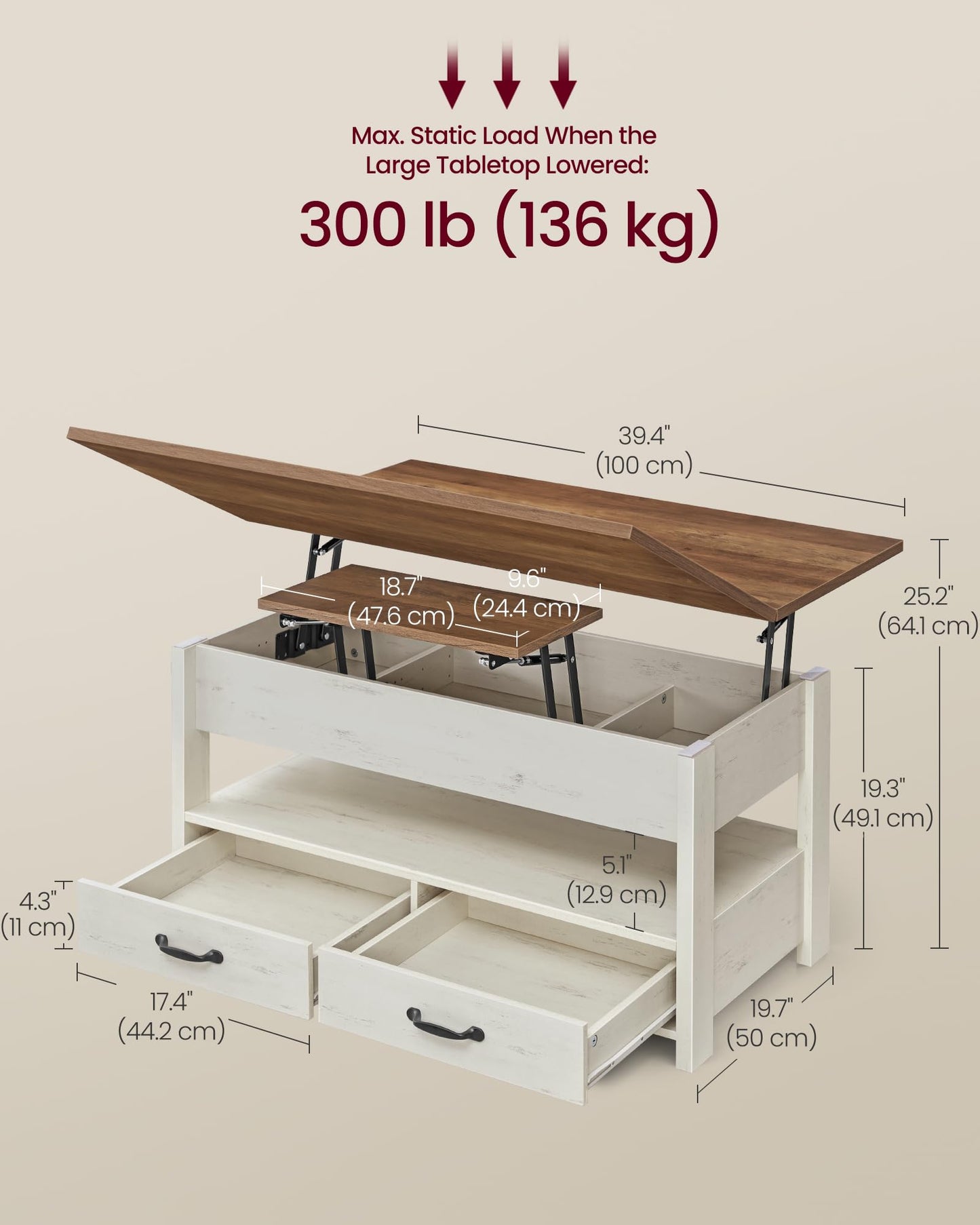 VASAGLE Coffee Table Lift Top, 3 in 1 Center Table with Storage, Gas Spring, 2 Drawers and 3 Hidden Compartments, Open Shelf, for Living Room, Home Office, Honey Brown and Rustic White ULCT254W01