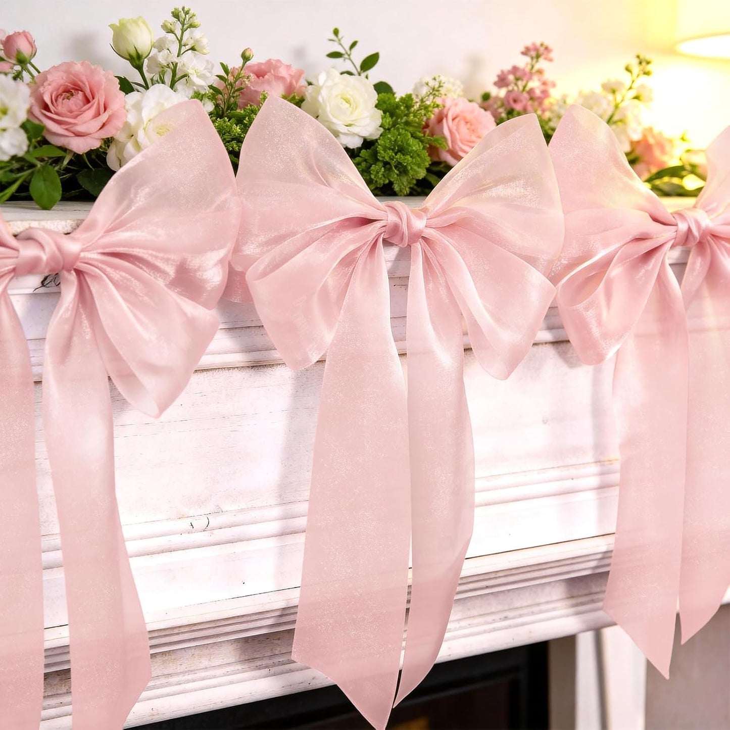 Skiennix 6.5ft Pink Bows Garland Banner - 6 Pcs Pre-Strung Bow Party Decorations for Birthdays & Showers