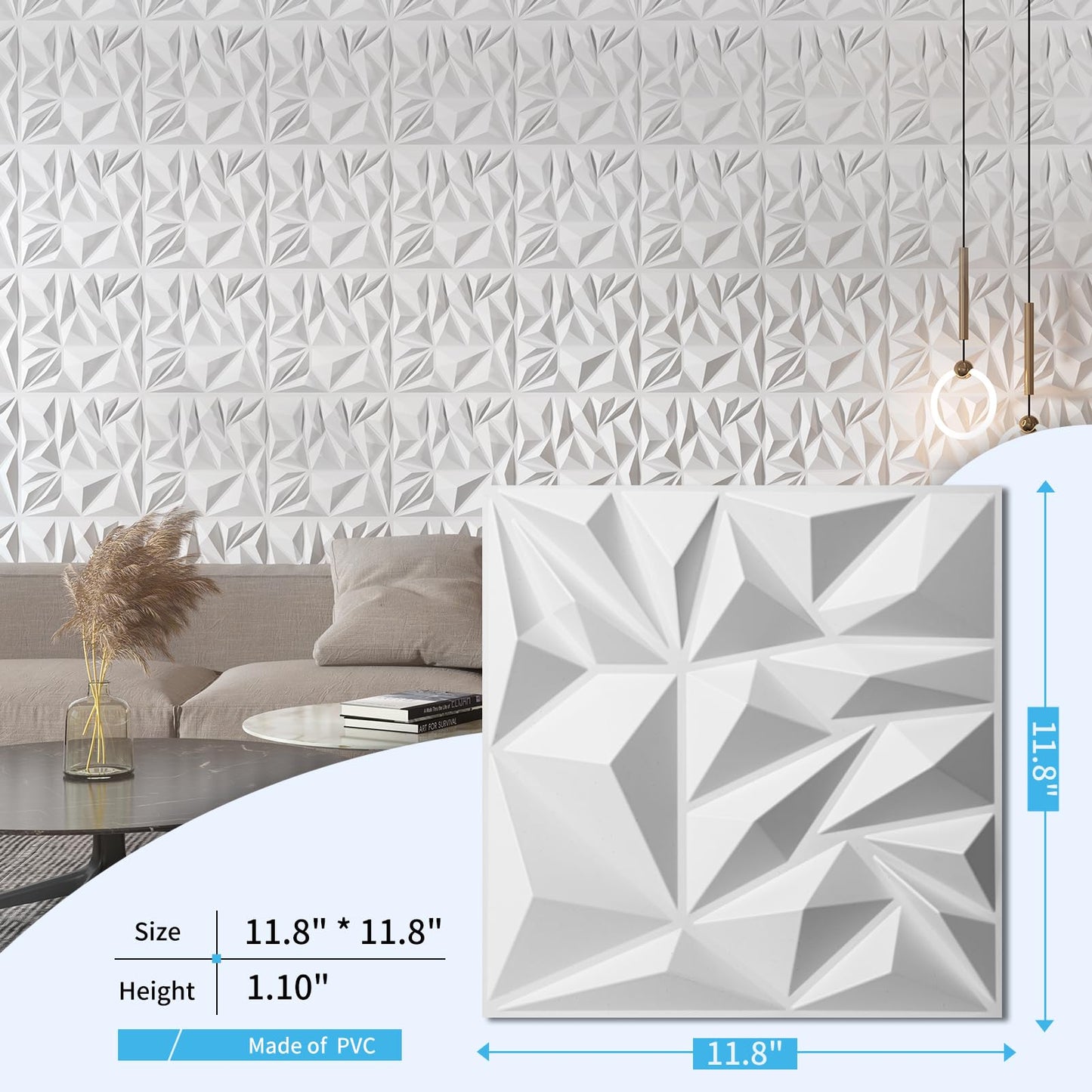 Art3d 33-Pack 3D Wall Panels for Interior Wall Decor, Modern Diamond Textured Accent Wall Paneling for Gaming Living Room TV Wall Background, 12 x 12 inch White, A10342