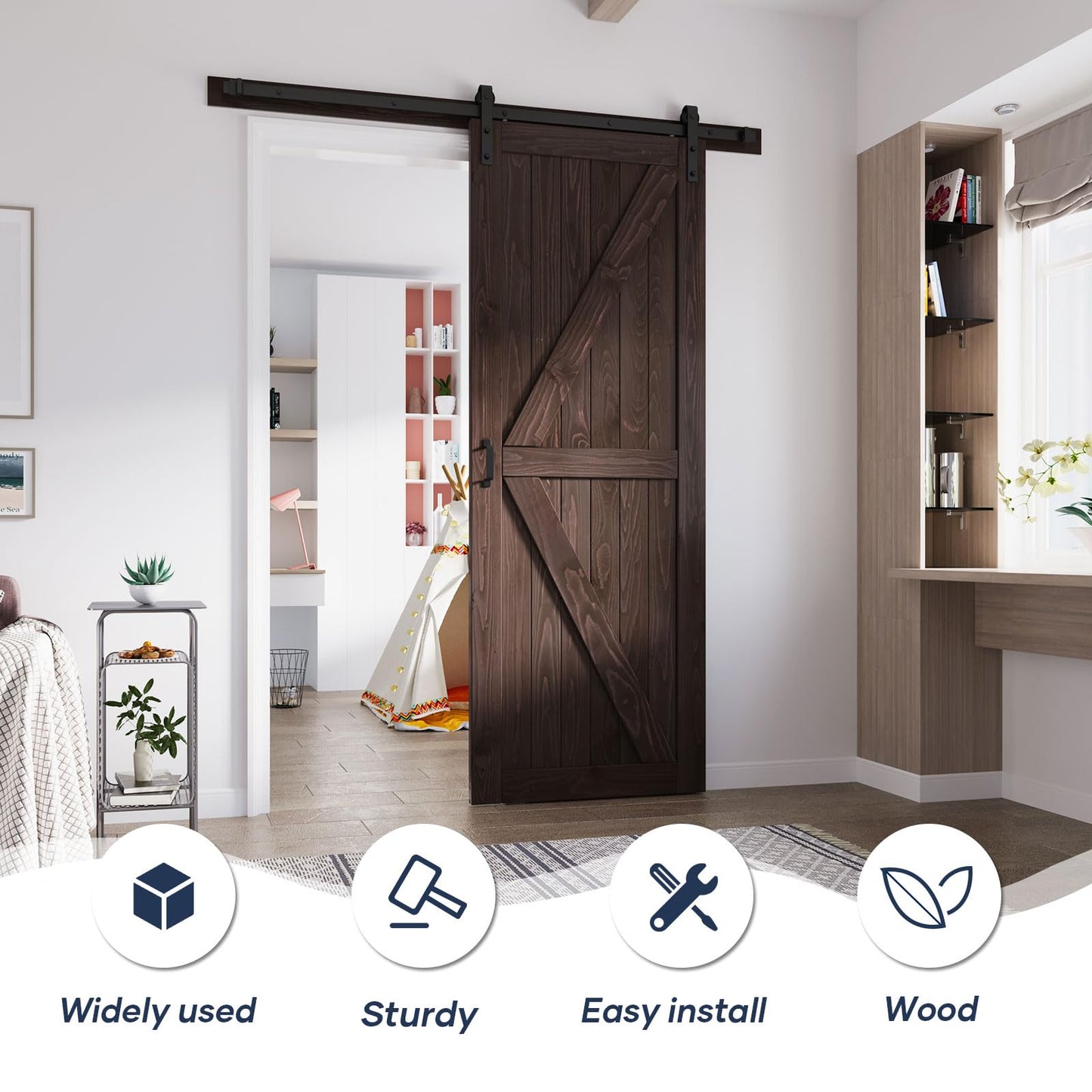 FREDBECK 36in x 96in Brown Barn Door with 6.6ft (79inch) Barn Door Hardware Track Kit and Handle Included, Double Surfaces,Simple Assembly is Required,K-Frame,Coffee