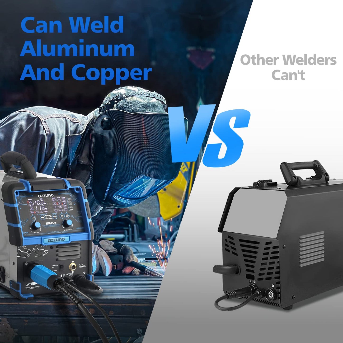 AZZUNO Aluminum 250A MIG Welder & .030" 2LBS Solid MIG Welding Wire, 6 in 1 Gas MIG/Gasless Flux Core/Stick/Lift TIG/Spot Welding/Spool Gun Compatible Welding Machine 110V/220V Large LED Display Multi