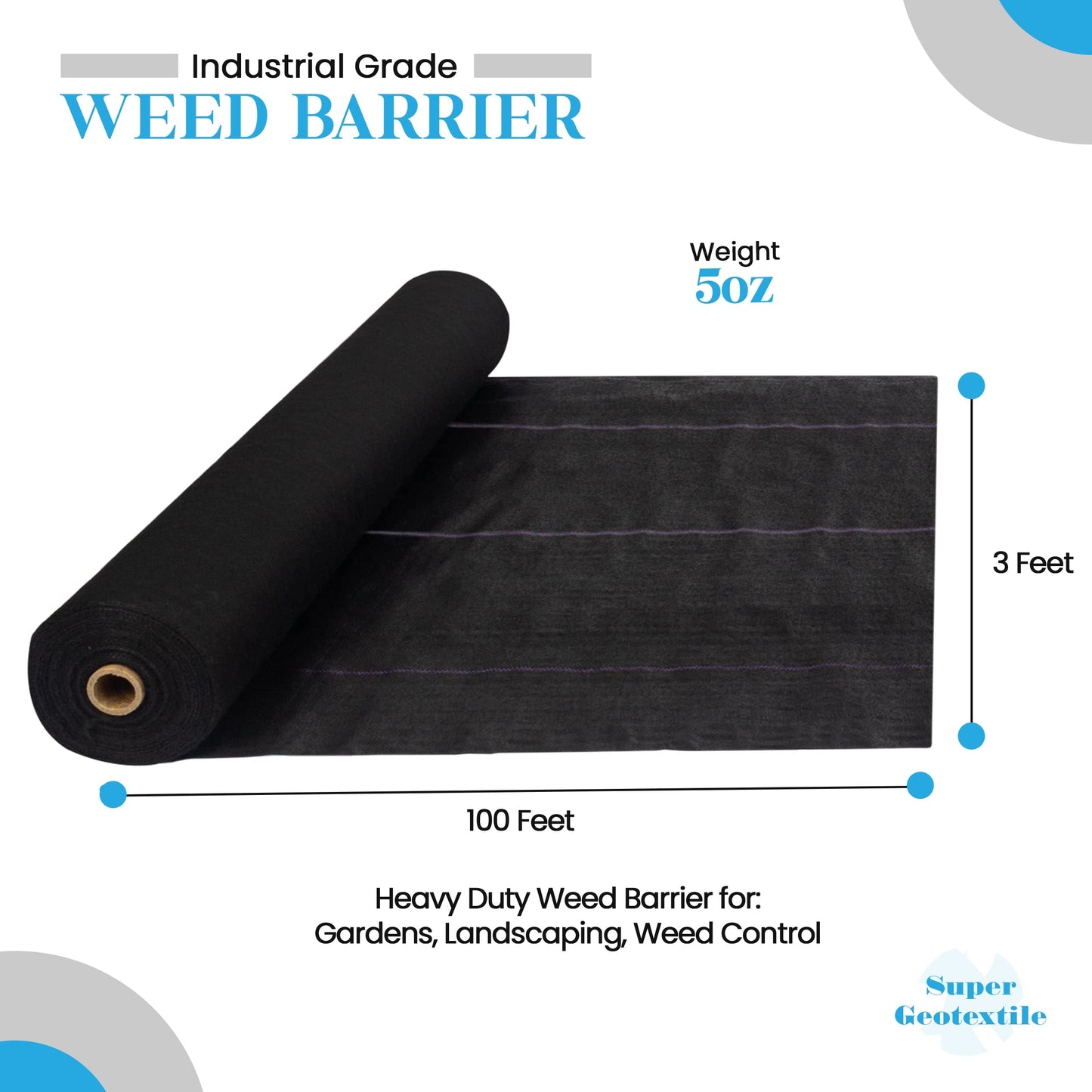 Super Geotextile Professional 5oz Geotextile Weed Barrier Fabric - Heavy Duty Landscape Fabric for Gardening, Landscaping, Weed Fabric (3x100)