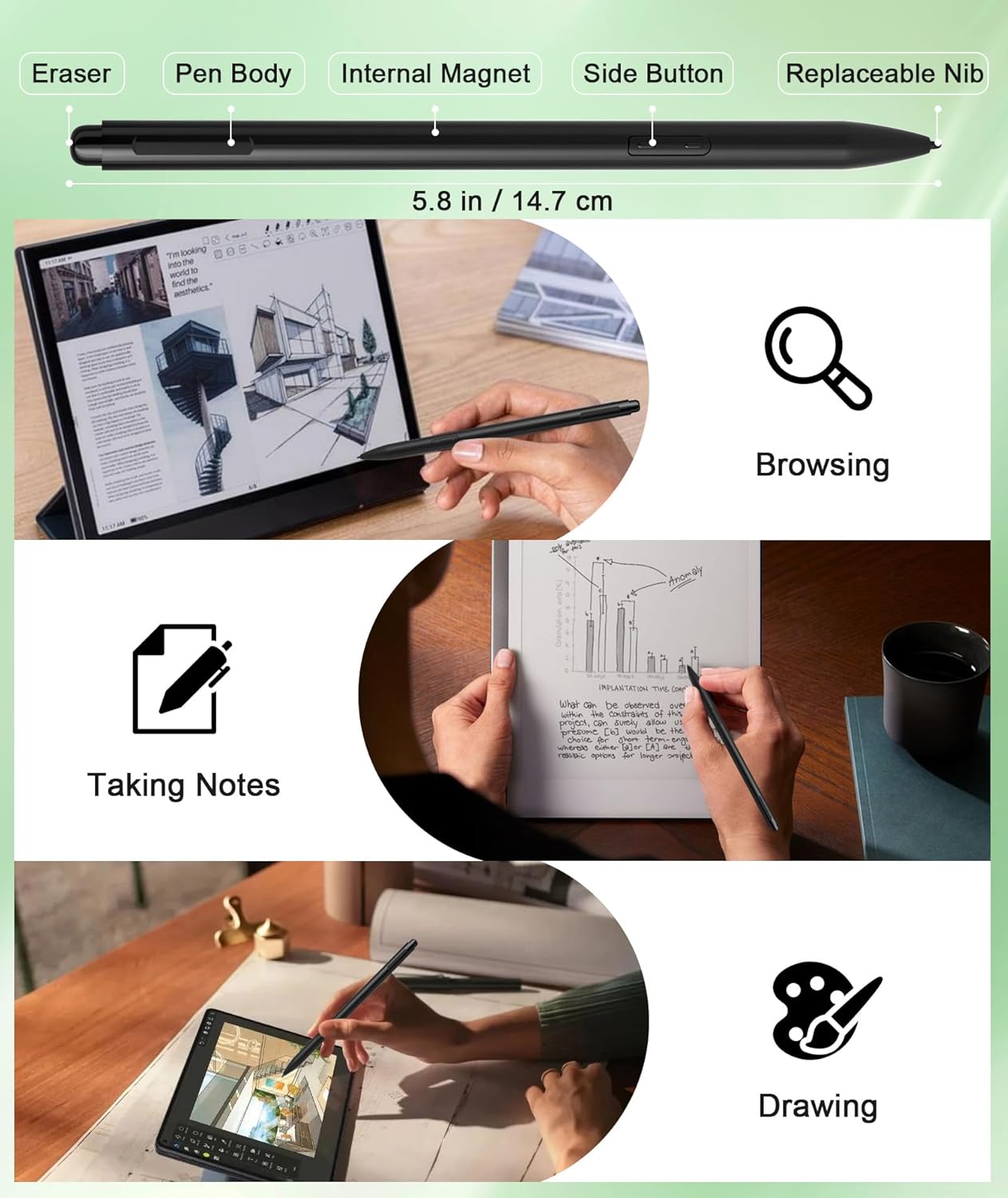 Ciscle 2, 4096 5 Magnetic EMR Stylus Pen for Remarkable No Charging Needed, Pressure Levels, Palm Rejection, Tilt