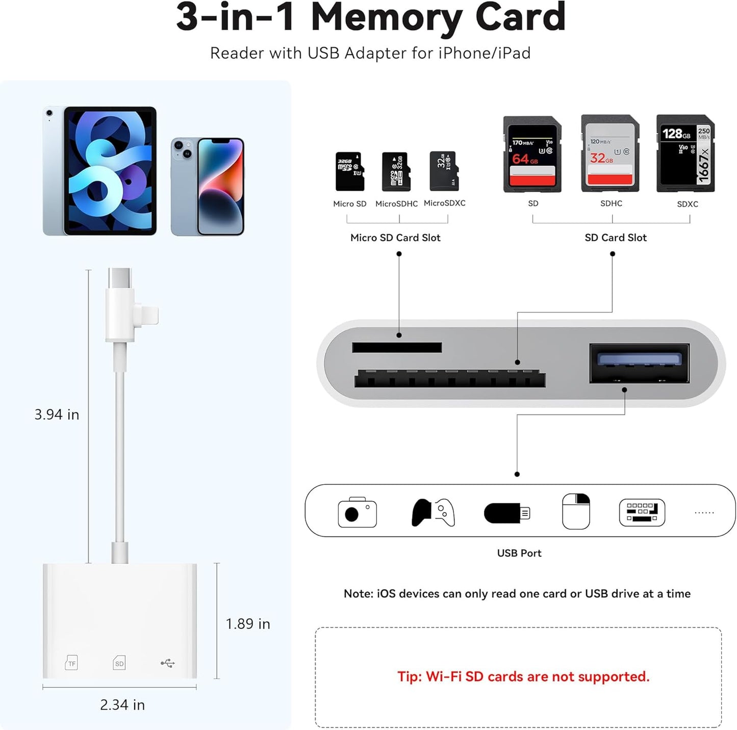 SUNTRSI SD Card Reader for iPhone iPad, Micro SD Card Reader Memory Card Reader with USB Adapter Plug and Play Trail