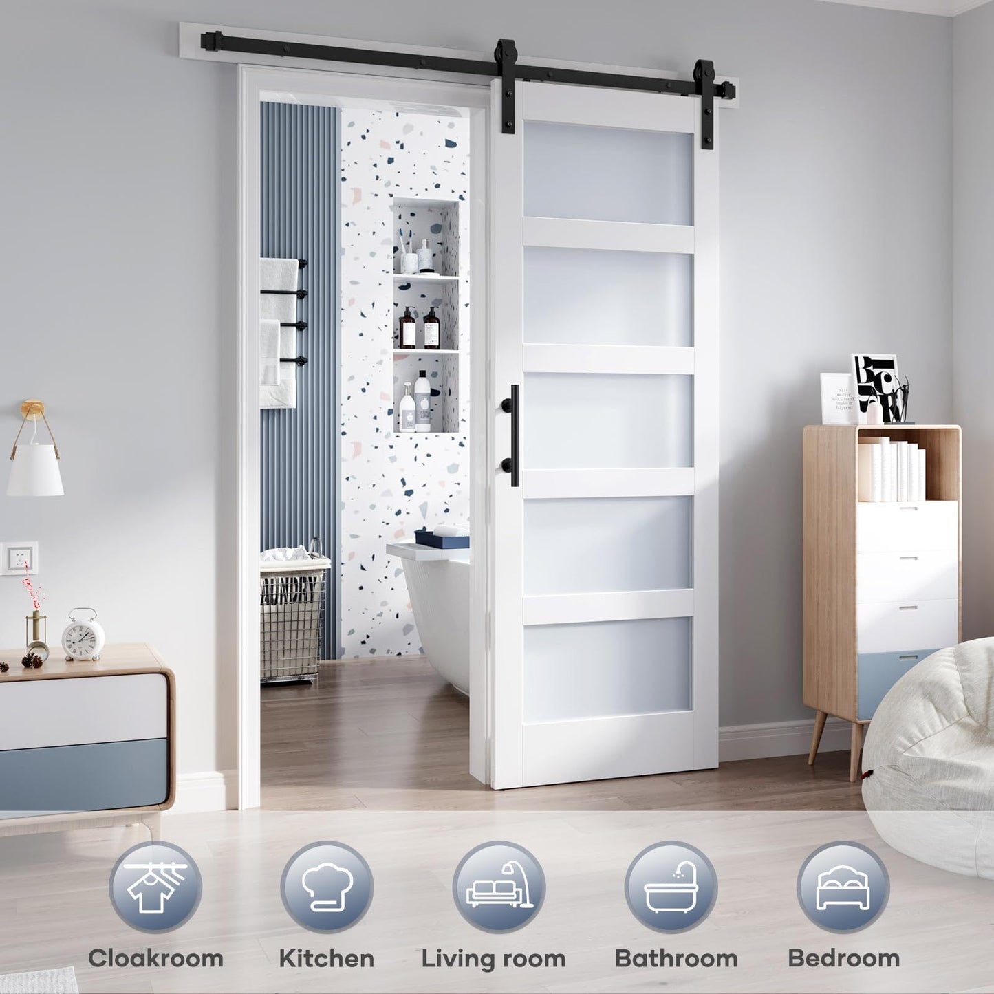 ROYMELO 32x84 Inch Glass Sliding Barn Door Slab and 5.5ft Hardware Kit Included, 5 Frosted Glass, LVL Wood Panel Covered with White Water-Proof Scratch-Proof PVC Surface, Simple DIY Assembly
