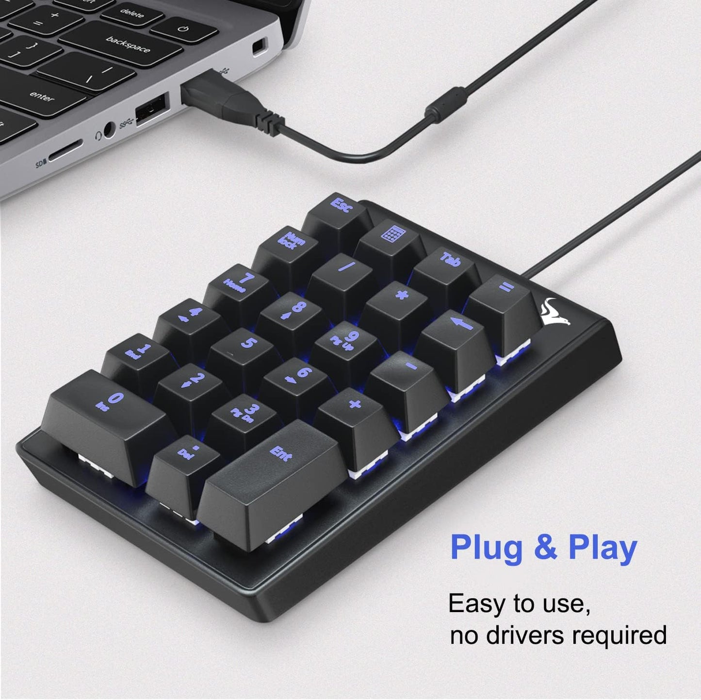 Rottay 22 Number Pad, Mechanical USB Wired Numeric Keypad with Blue LED Backlit Key Numpad for Laptop Desktop Computer