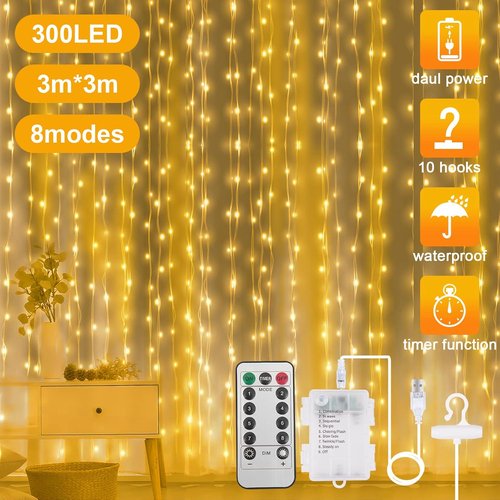 AOMIG Fairy Curtain Lights - 300 LED Warm White String Lights | 9.8x9.8Ft Waterproof with Remote Control