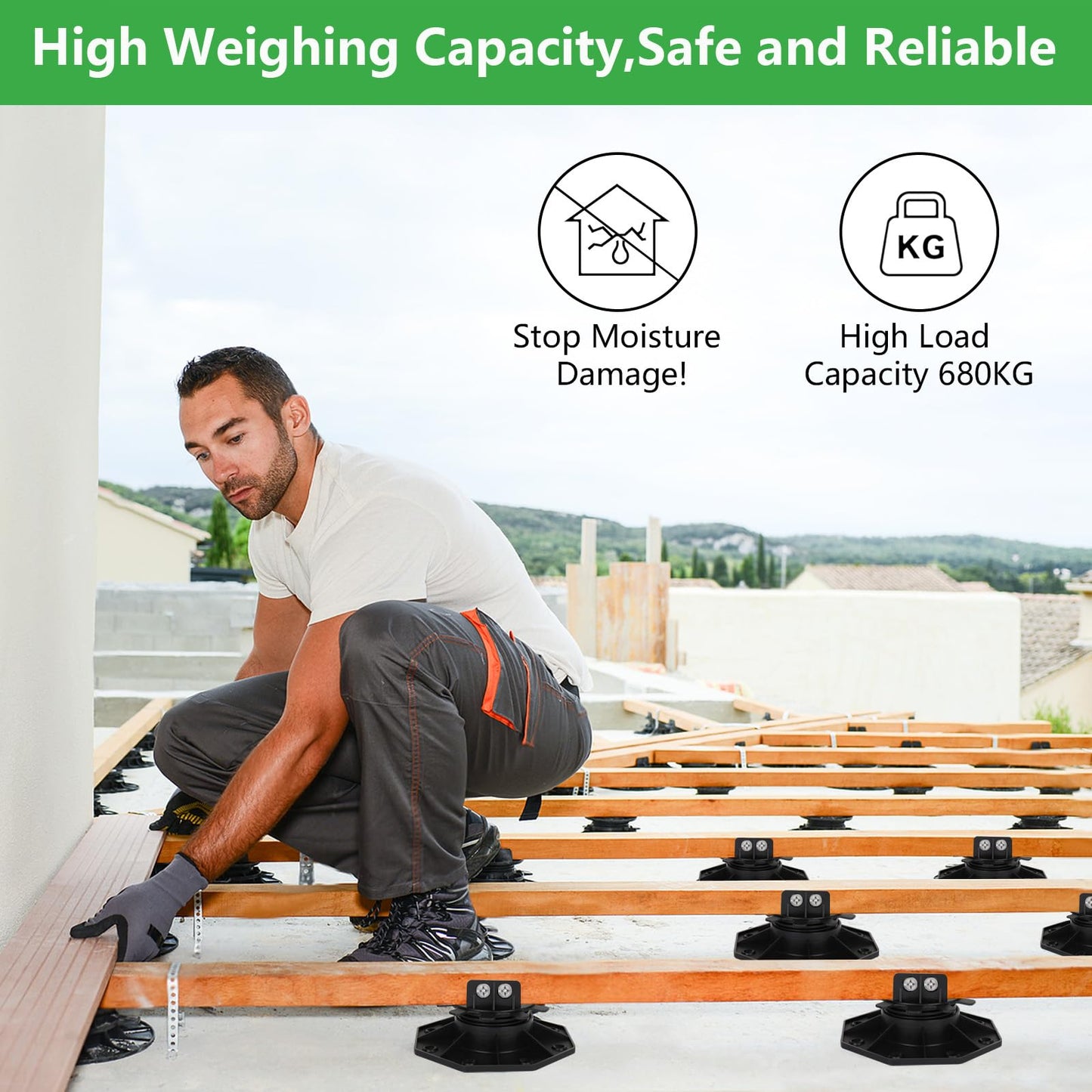 24 Pack Adjustable Deck Support Pedestals, Shed Foundation Base Deck Blocks Floor Raising 1-3/16" to 2-3/8", Joist Support Plastic Pedestals for Outdoor Anti-Corrosive Wood (Black)
