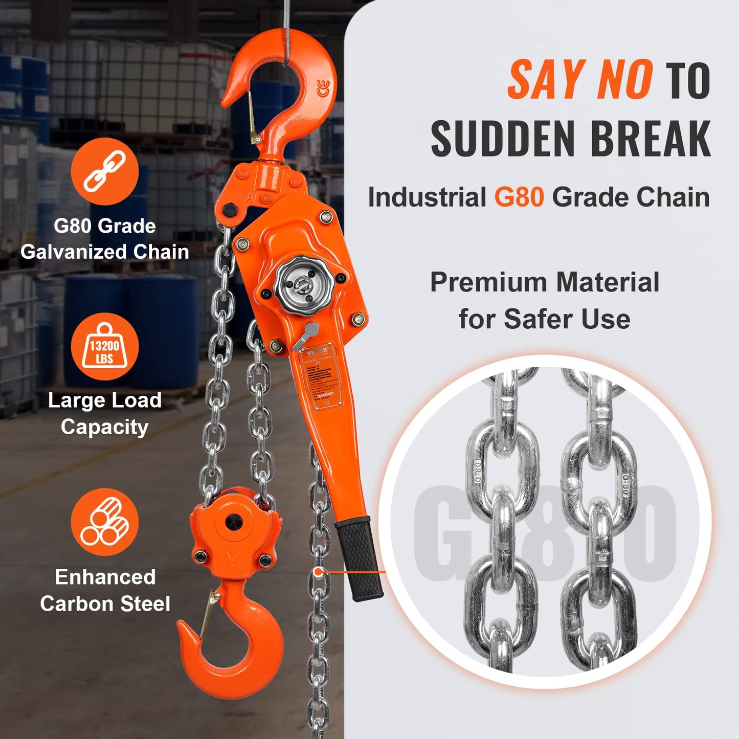 VEVOR Manual Lever Chain Hoist, 6 Ton 13200 lbs Capacity 10 FT Come Along, G80 Galvanized Carbon Steel with Weston Double-Pawl Brake, Auto Chain Leading & 360° Rotation Hook, for Garage Factory Dock