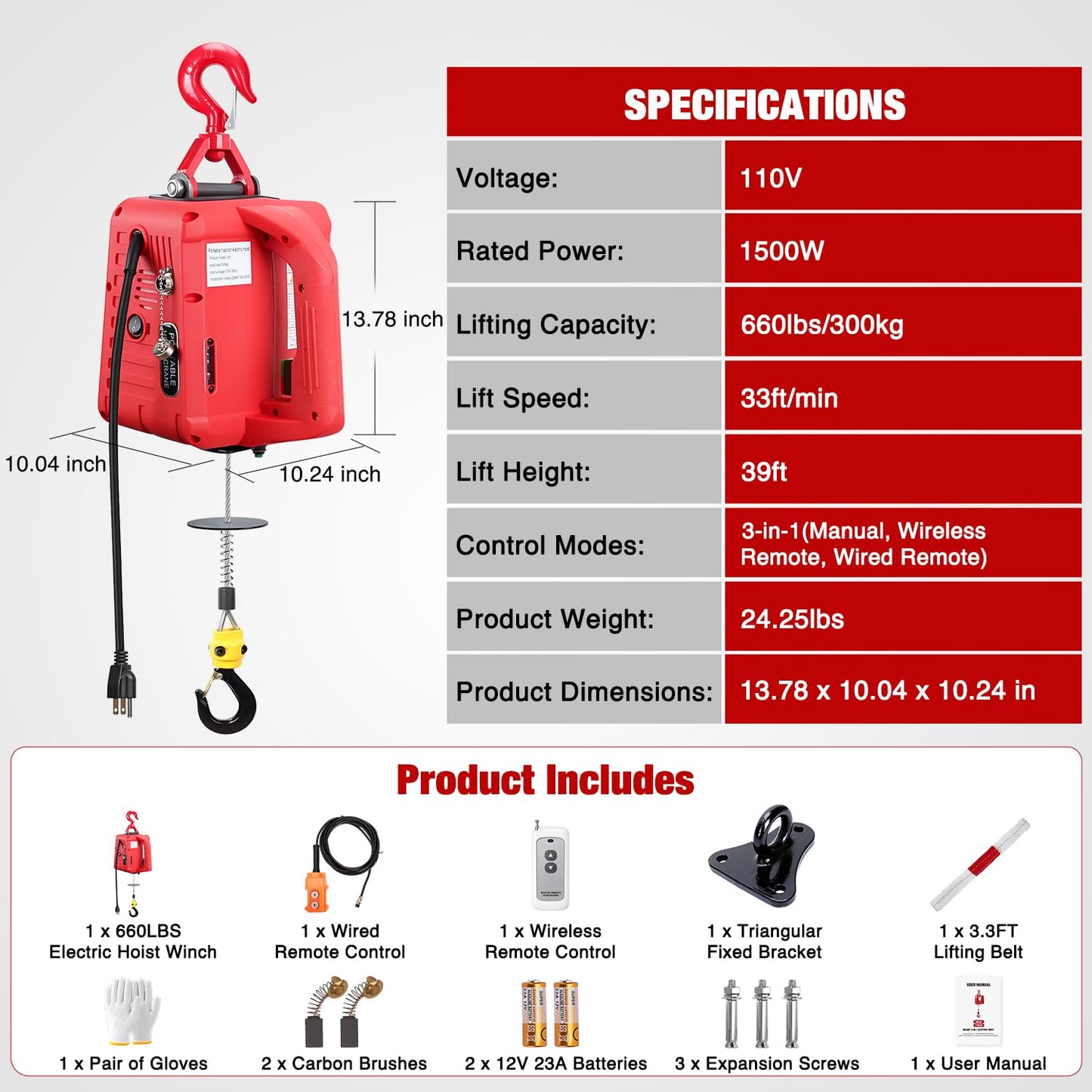 Nilight 3-in-1 Electric Hoist Winch, 660LBS 1500W Portable Power Winch Crane with Manual Wired Wireless Remote Control, 110V Electric Winch 33FT/Min Speed 39FT Height for Garage Warehouse Factory, Red