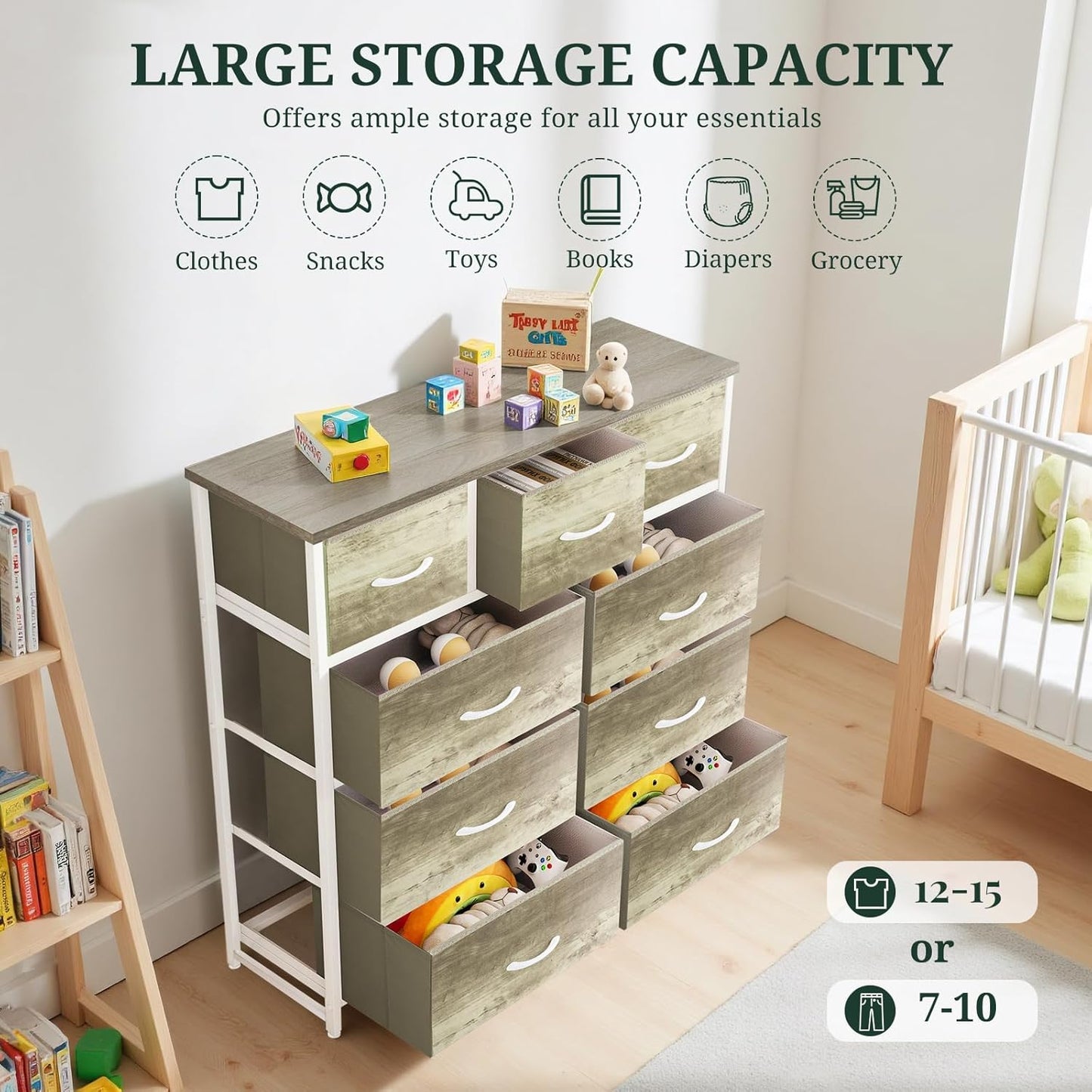 Skiennix 9-Drawer Dresser - Anti-Tip Tall Storage Organizer with Wooden Top & Metal Frame | Greige Oak