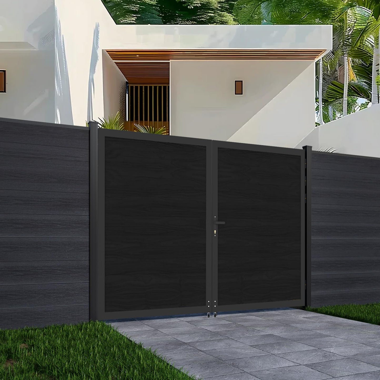 Mondaria 6ft(H)*10ft(W) Wood Plastic Composite Gate for Privacy Fence, Double Fence Gate with Metal Frame and Knob Kits, Black (Without Post)