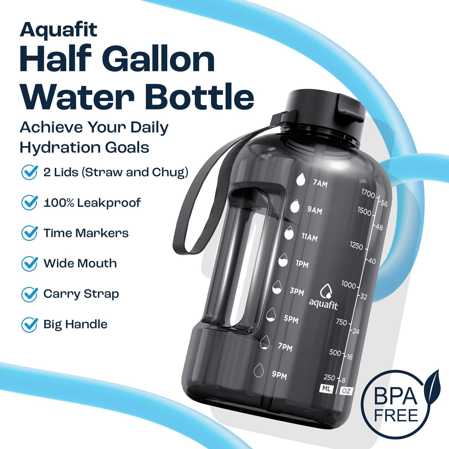 AQUAFIT 64 oz Water Bottle with Time Marker - Straw & Chug Lid - BPA Free Half Gallon Gym Water Bottle with Handle - Big Gallon Jug (Galaxy, 64 Ounces)