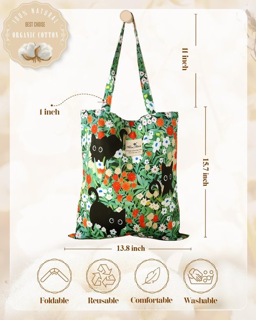 Miss Adola Aesthetic Cotton Tote Bag for Women - Reusable Grocery Bag with Buckle Green Three Cats Fabric Shoulder Bag for Shopping, Gym, Travel, Work