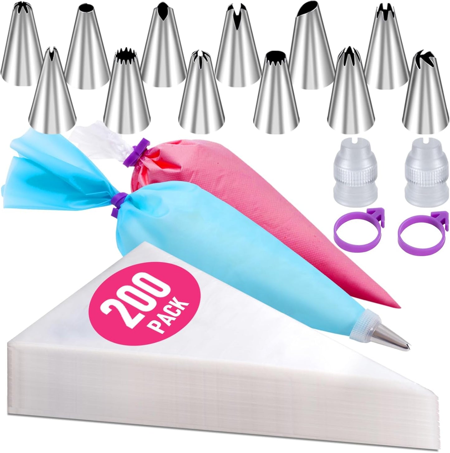 Skiennix 200-Pcs Piping Bags and Tips Set - 12-Inch Disposable Pastry Bags with 12 Frosting Tips & Couplers