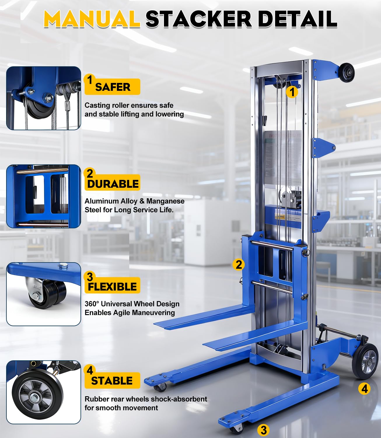 Material Lift Winch Stacker, 123'' Manual Material Lifts, Heavy Duty Pallet Truck Dolly with Adjustable Fork,6 Wheels, Adjustable Straddle Hand Winch Lift Trucks for Warehouse, Factory, Load 410 Lbs