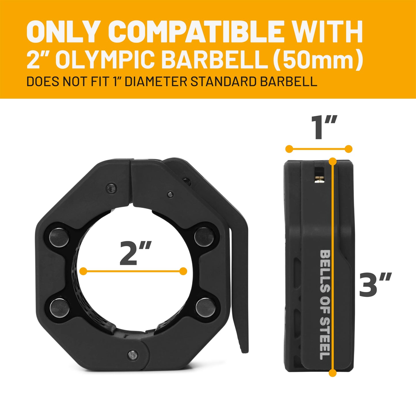 Magnetic Barbell Collars [Bells of Steel] Version 2.0 Premium Weight Bar Clamps, Quick Release Barbell Clips, Olympic Barbell Clamps, High-Strength Nylon Gym Clips, Pair, Black