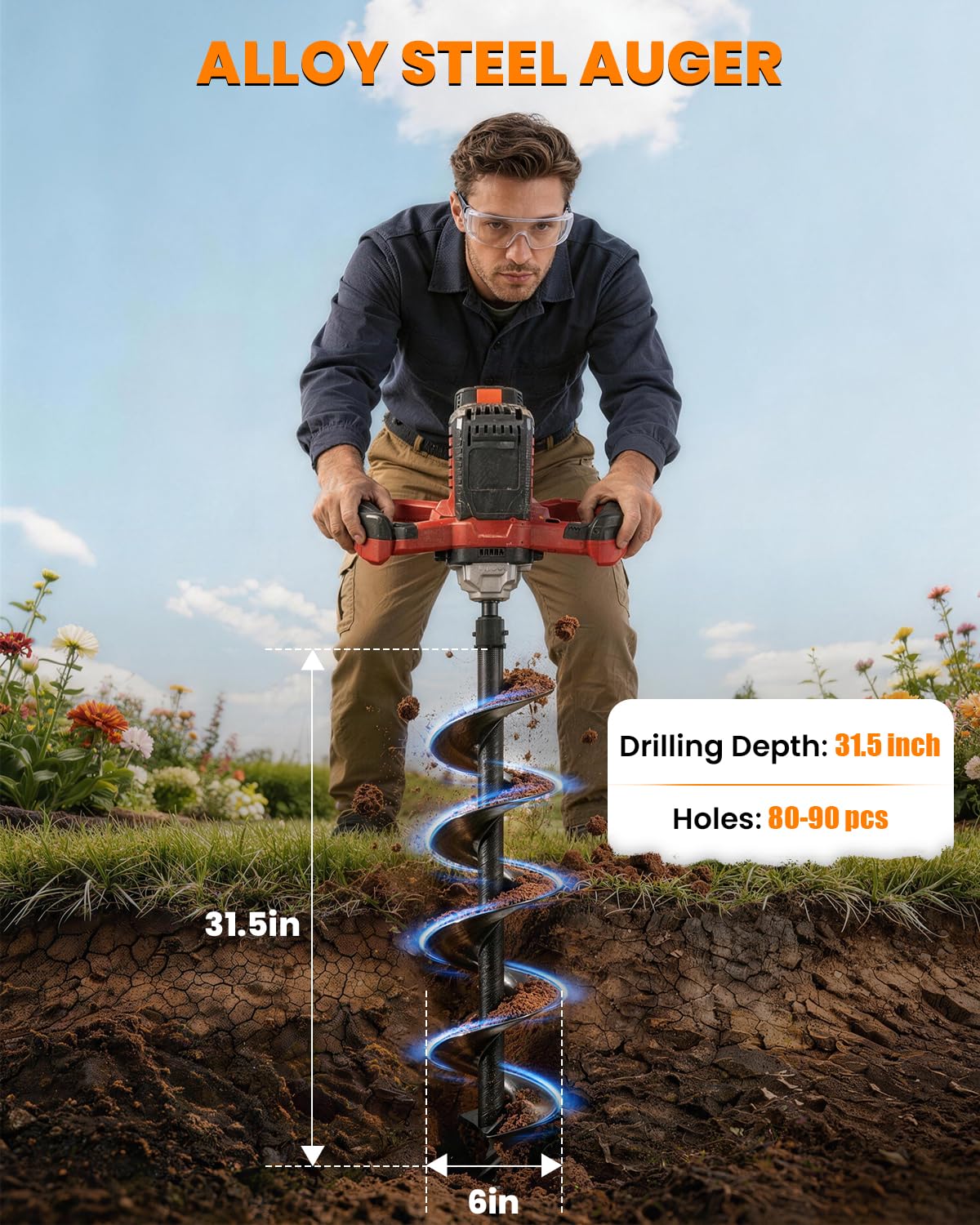 Cordless Post Hole Digger with 2x4.5Ah Batteries & Dual Chargers, 1200W 42V Brushless Earth Auger for Fence Post with 6" Drill Bit, 85Nm High Torque Electric Hole Digger for Hard Soil