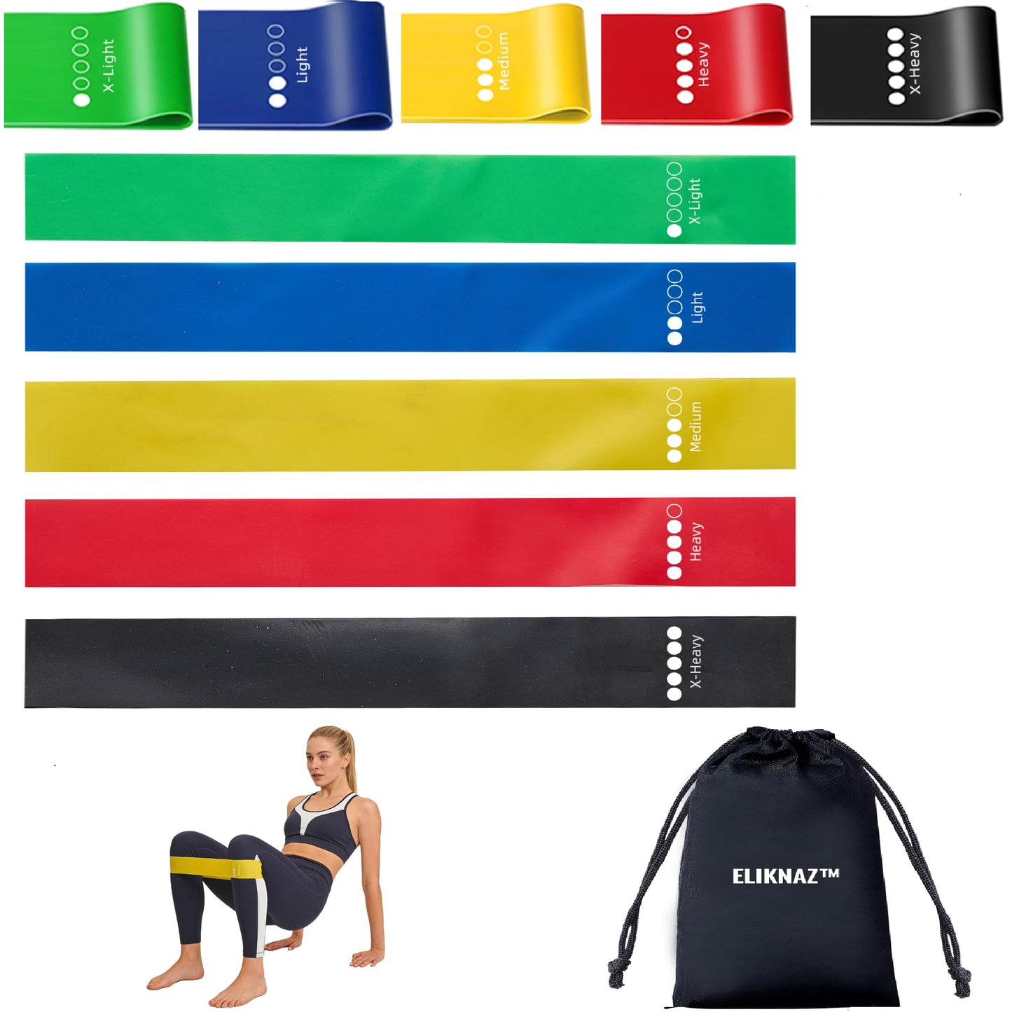 Eliknaz Resistance Loop Bands, Exercise Bands,Multi Resistance Levels,Carry Bag, Wrist, Glute, Leg and Arm Workout Bands, Strength Training, Stretching, Physical Therapy,Yoga, Pilates Set of 5 Loops