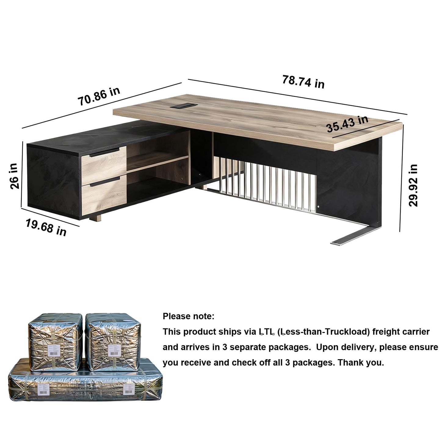 SAINTCY L-Shaped Executive Desk, Industrial Office Desk with Drawer & Cabinet, Large Wood Desktop, Unique Stainless Steel Privacy Screen (Left Return, 78.74")