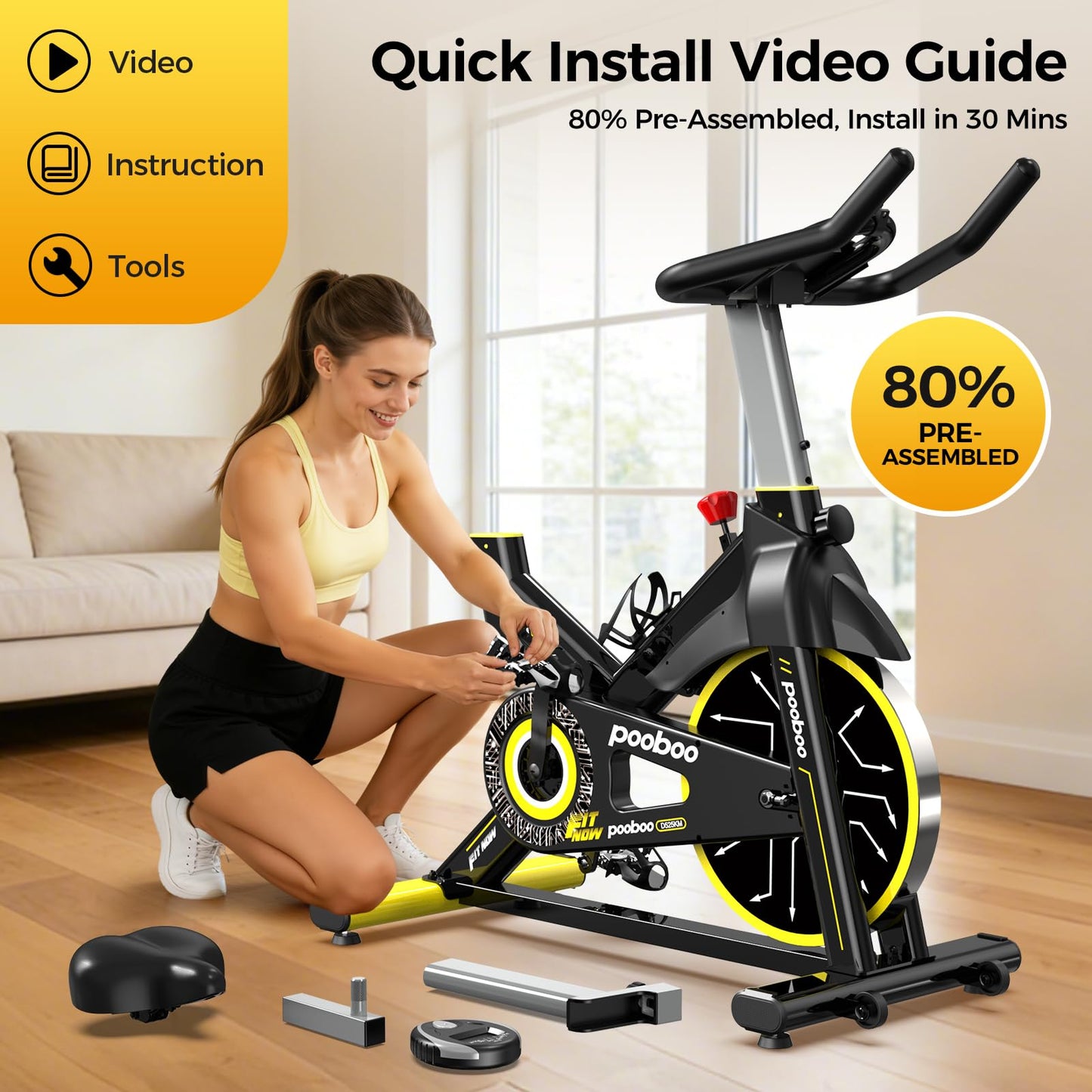 pooboo Exercise Bike,Stationary Bike for Home with Exclusive App,Magnetic Indoor Cycling Bike with 350 lb Weight Capacity,Tablet Mount and for Weight Loss