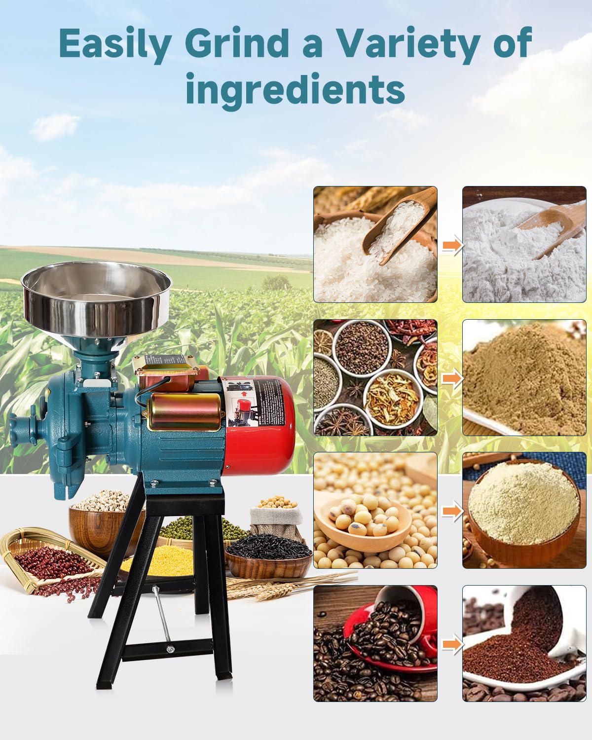 NAIZEA Electric Grain Mill Grinder Corn Grinder, 3000W 110V Commercial Flour Mill Machine with Funnel, Feed Grinders for Corn, Wheat, Rice, Cereals,Molino de Maiz Electrico (Dry Grinders)
