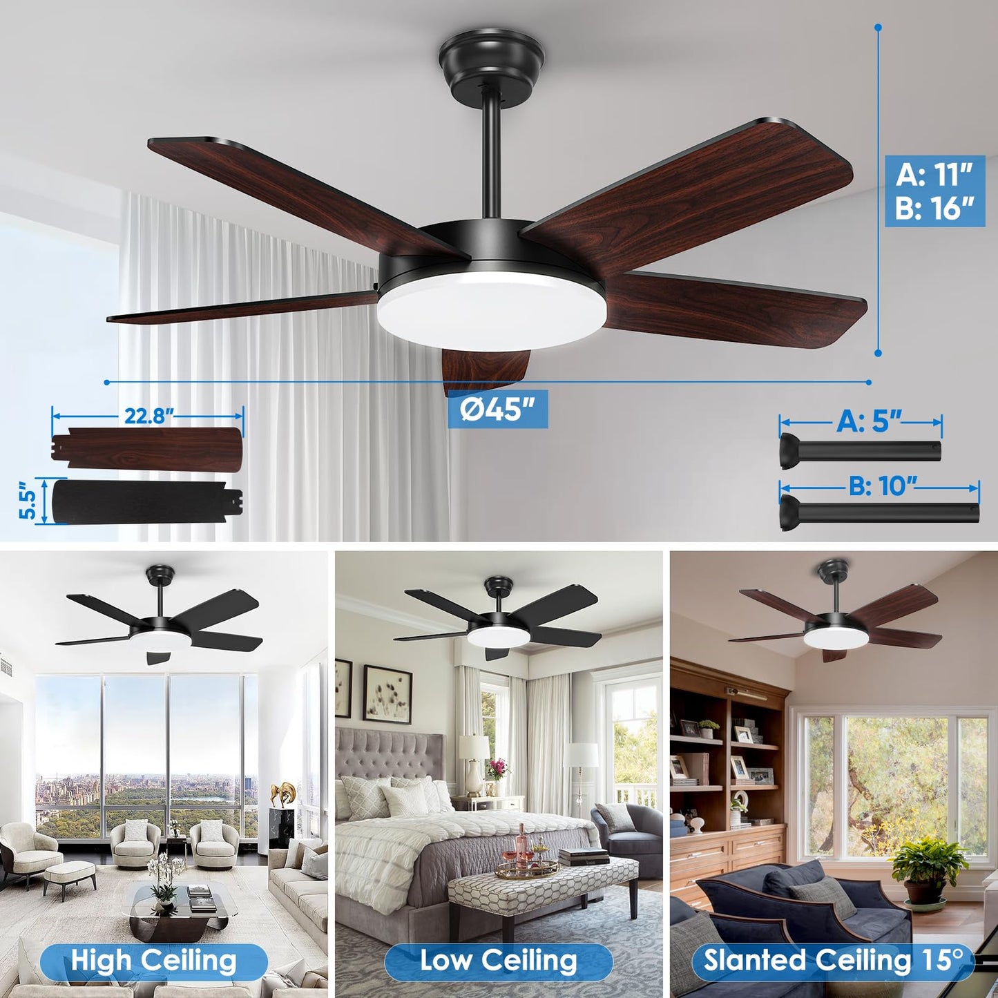 ropelux 45-Inch Ceiling Fans with Lights: Powerful Wind, Ultra-Quiet, High Bright&Screw-Free for Blade Installation, Dimmable, Forward&Reversible Fan with Remote APP Control for Bedroom/Living Room.