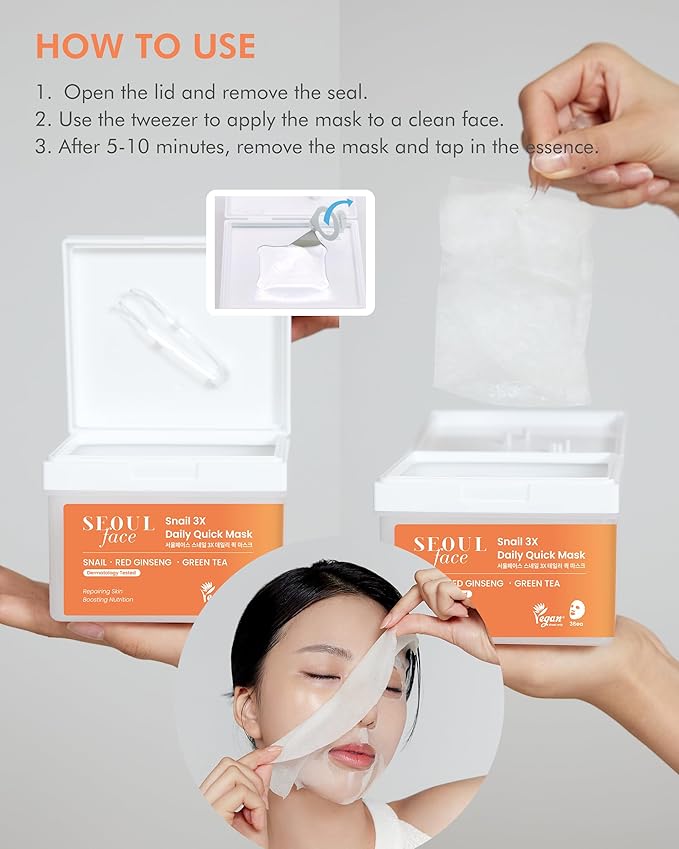 DERMAL Seoul Face Snail 3X Daily Quick Mask 36 Sheet ??Korean Skincare Vegan Tencel Facial Masks - Skin Repairing, Anti Aging Face Mask Sheets with Ginseng Root, Green Tea Leaf Extract