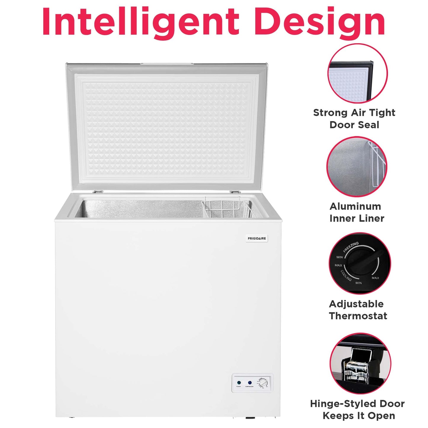 Frigidaire Chest Deep Freezer, 7 Cu. Ft. Capacity, Shiny Stainless Steel Top Lid Design-Adjustable Thermostat-Removable Vinyl Coated Wire Basket-Easy Defrost Drain- Garage Ready