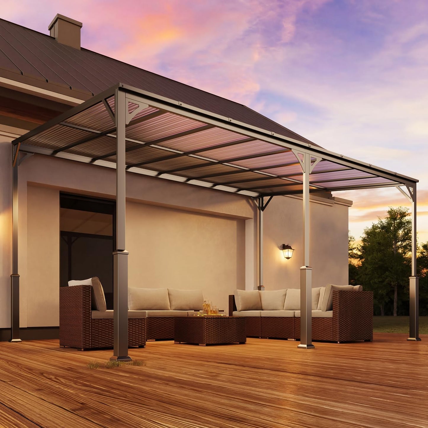 Ahomly 14' x 10' Wall-Mounted Lean-to Gazebo — Weather-Resistant Hard Roof, Reinforced Steel Frame, Heavy-Duty Patio Awning, 140 sq ft Shade for Patio, Deck, Backyard(Grey)