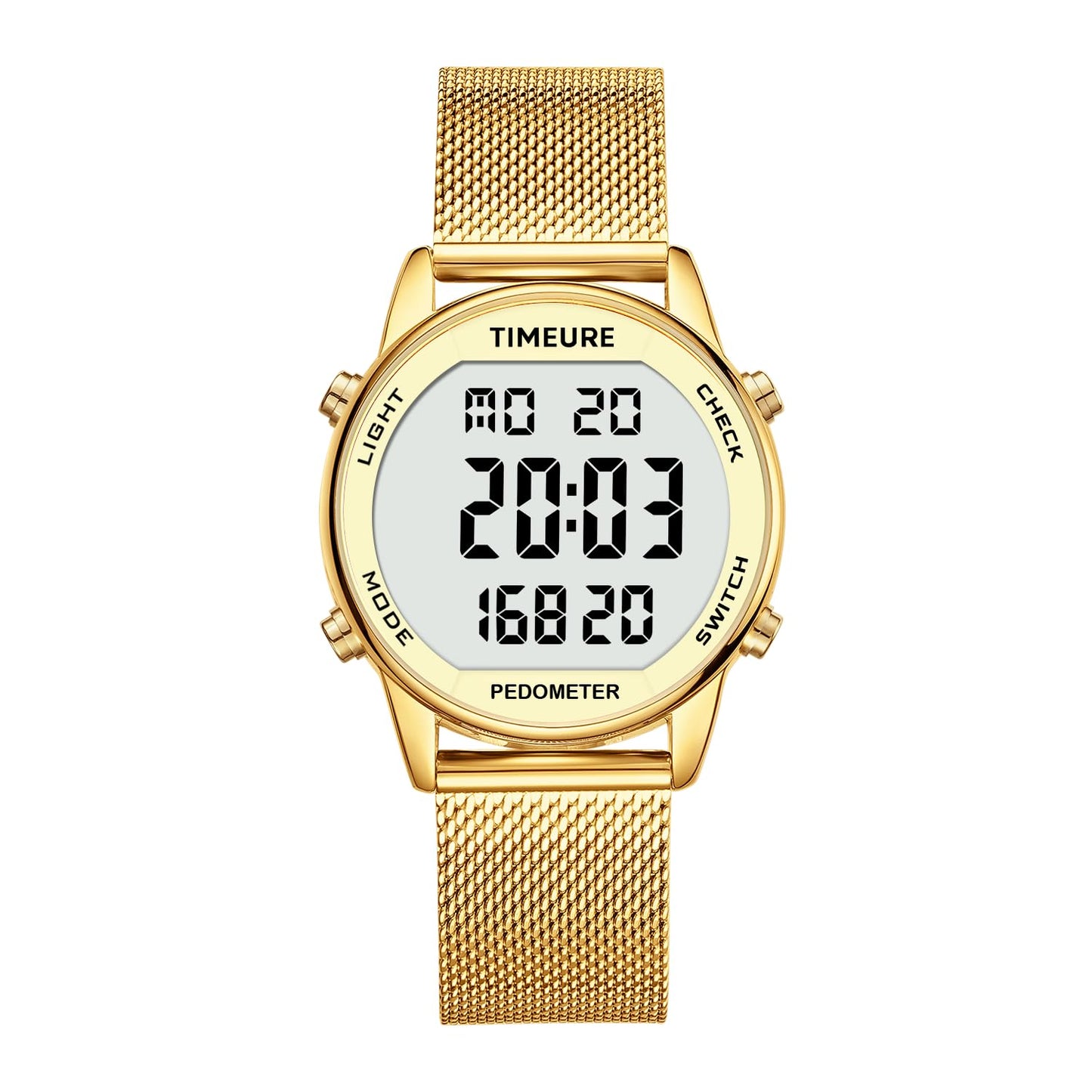 TIMEURE Women's Step Counter Watch with Stainless Steel Bracelet, Stylish Design, No App, No Charging Needed for Step, Calorie, Distance, Alarm, Countdown Timer，TU-2401(Gold)