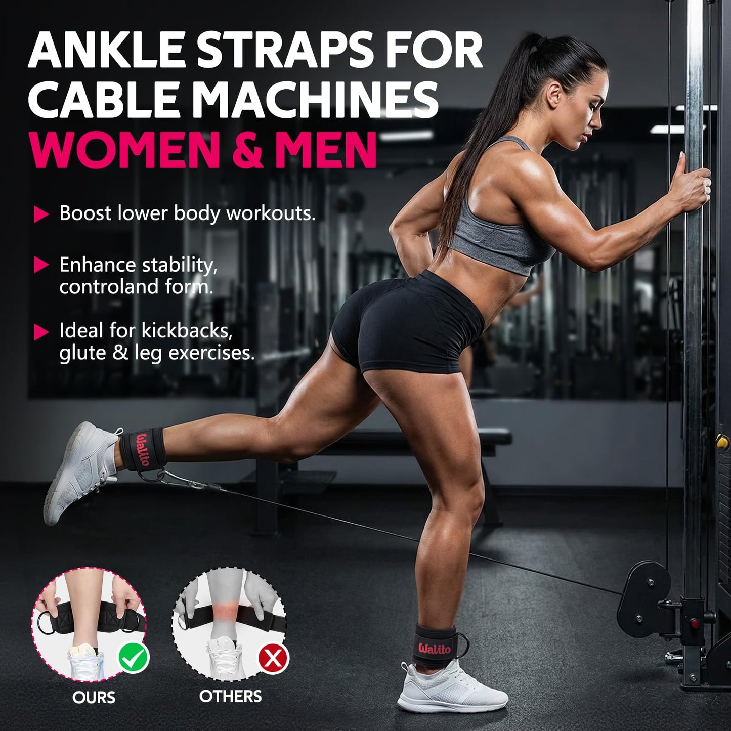 WALITO Ankle Straps for Cable Machines Women - Glute Ankle Cuff Kickback Strap, Gym Cable Machine Accessories for Glute Leg Extensions, Hip Abductors & Lower Body Exercises Equipment