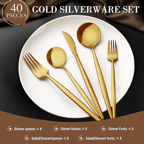 CEKEE 40-Piece Gold Silverware Set - Elegant Stainless Steel Utensils for 8 | Perfect for Home, Weddings & Restaurants