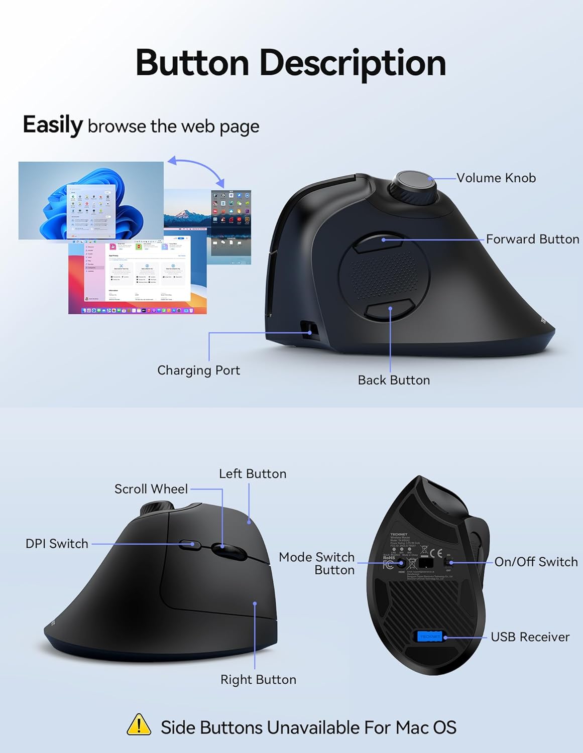TECKNET 5.0/5.0+2.4G), 6 Ergonomic Mouse, Rechargeable Wireless Bluetooth Mouse (BT Vertical Mouse with Volume Knob