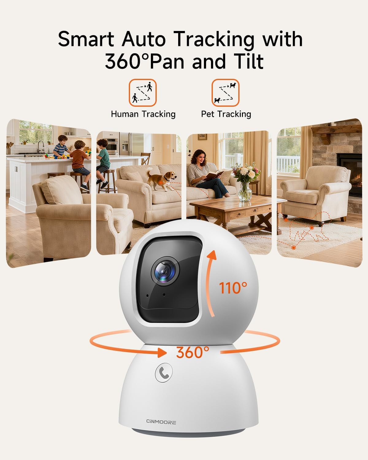 CINMOORE 3K 360 2-Way 2.4GHz 5GHz 64GB Smart Indoor Dome Security Camera with AI Human/Pet/Facial Detection, Pan-Tilt