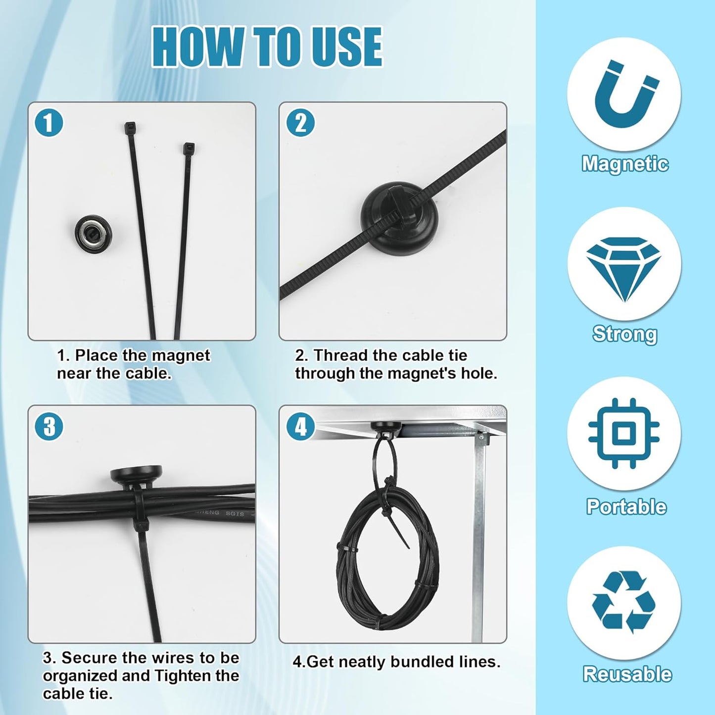 100 HOMAR magnetic zip tie mount Magnetic Zip Ties Mount Base Holder with Pcs Cable Zip Ties, Strong Magnet Wire
