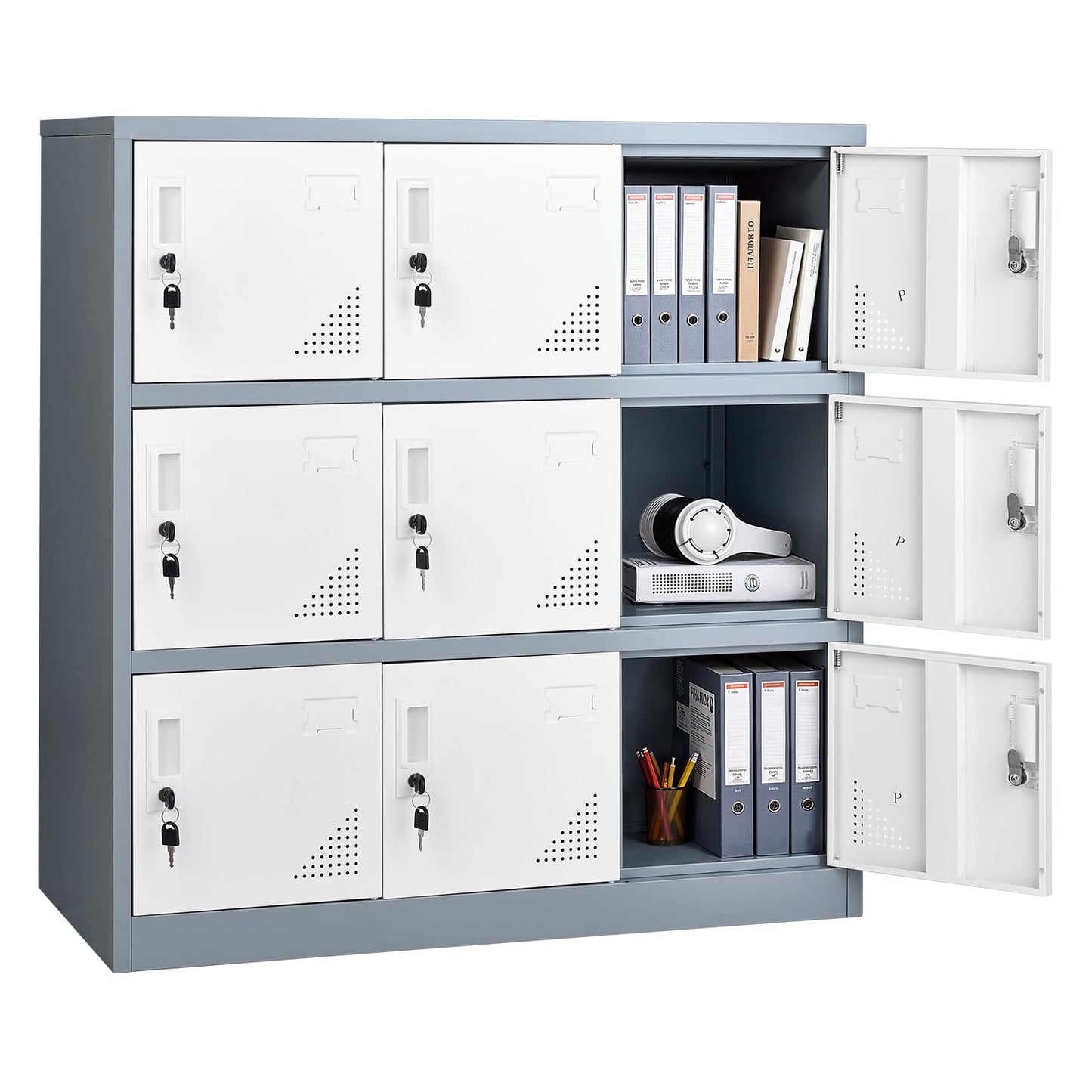 VEVOR 9 Doors Metal Locker for Employees, Steel Locking Storage Cabinet with Card Slot and Ventilation, 2 Keys for Each Door, Employee Lockers for Office, School, Gym, Home, Easy Assembly, Gray