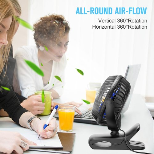 BESKAR Portable USB Clip-On Fan - 3-Speed Strong Airflow | Quiet Personal Desk Fan with Sturdy Clamp