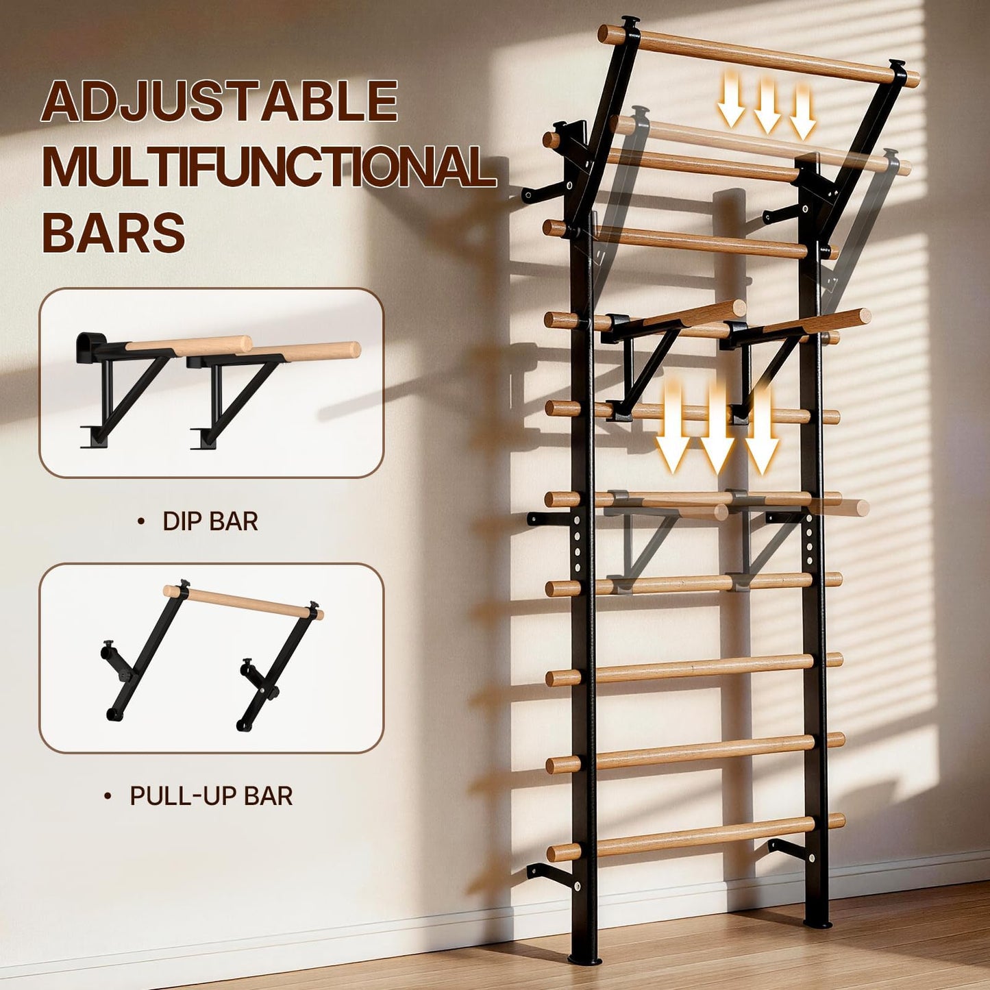 GMWD Swedish Ladder, Wood Stall Bar, Suspension Trainer with Pull-Up Bar and Dip Bar Attachments, Wooden Stall Bar with 9 Strategic Rods for Core Strengthening and Stretching Balanced