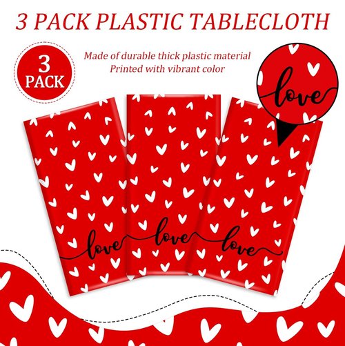 3Pcs Valentine's Day Plastic Tablecloth Love Heart Romantic Rectangular Table Cloths Red White Tablecovers for Valentines Wedding Engagement Anniversary Galentines Mother's Day Party Decorstions