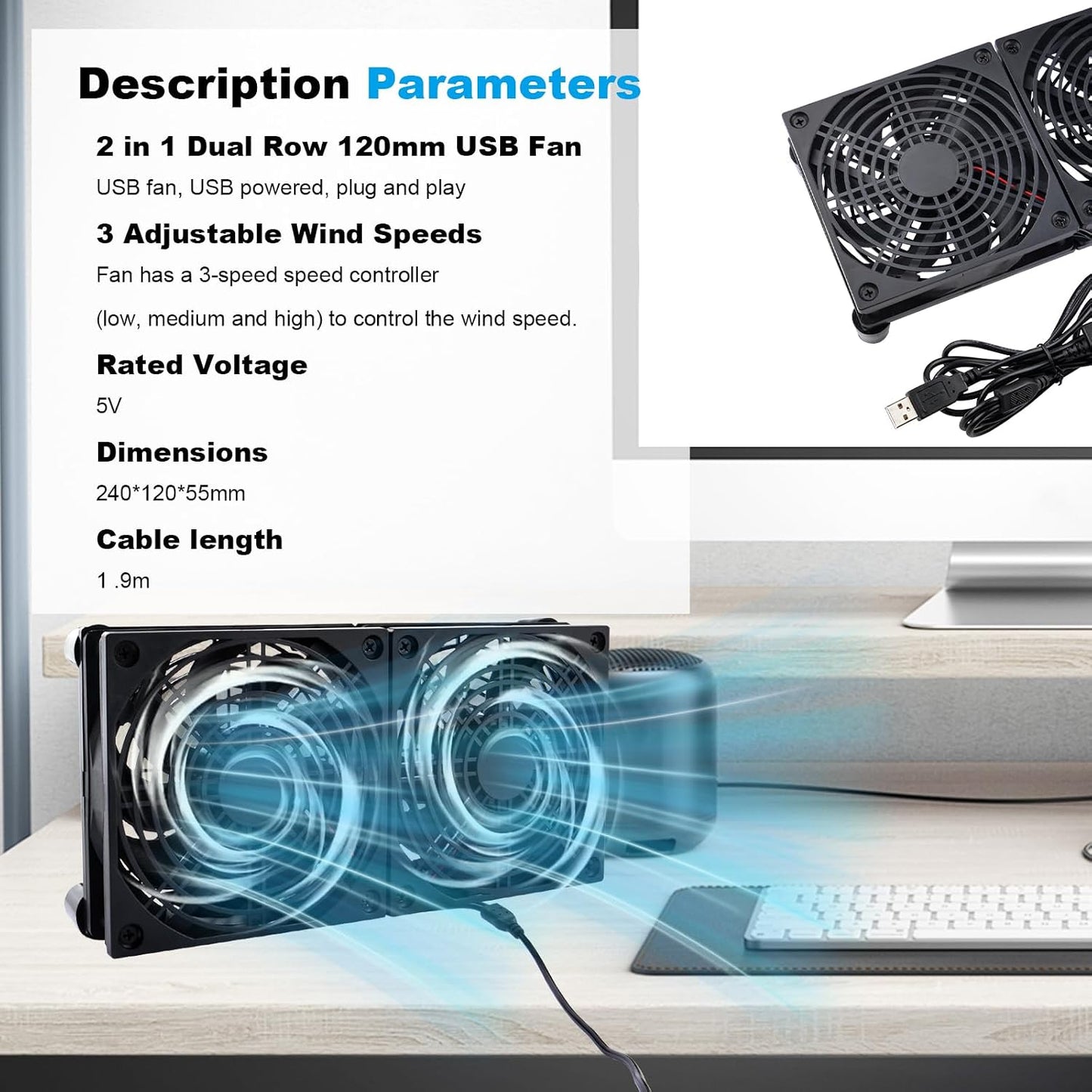 120mm 5V, 3-Degree Quiet Dual USB Fan Dual-Ball Bearings, USB Fan with L/M/H Speed Controller High Airflow Cooling Fan