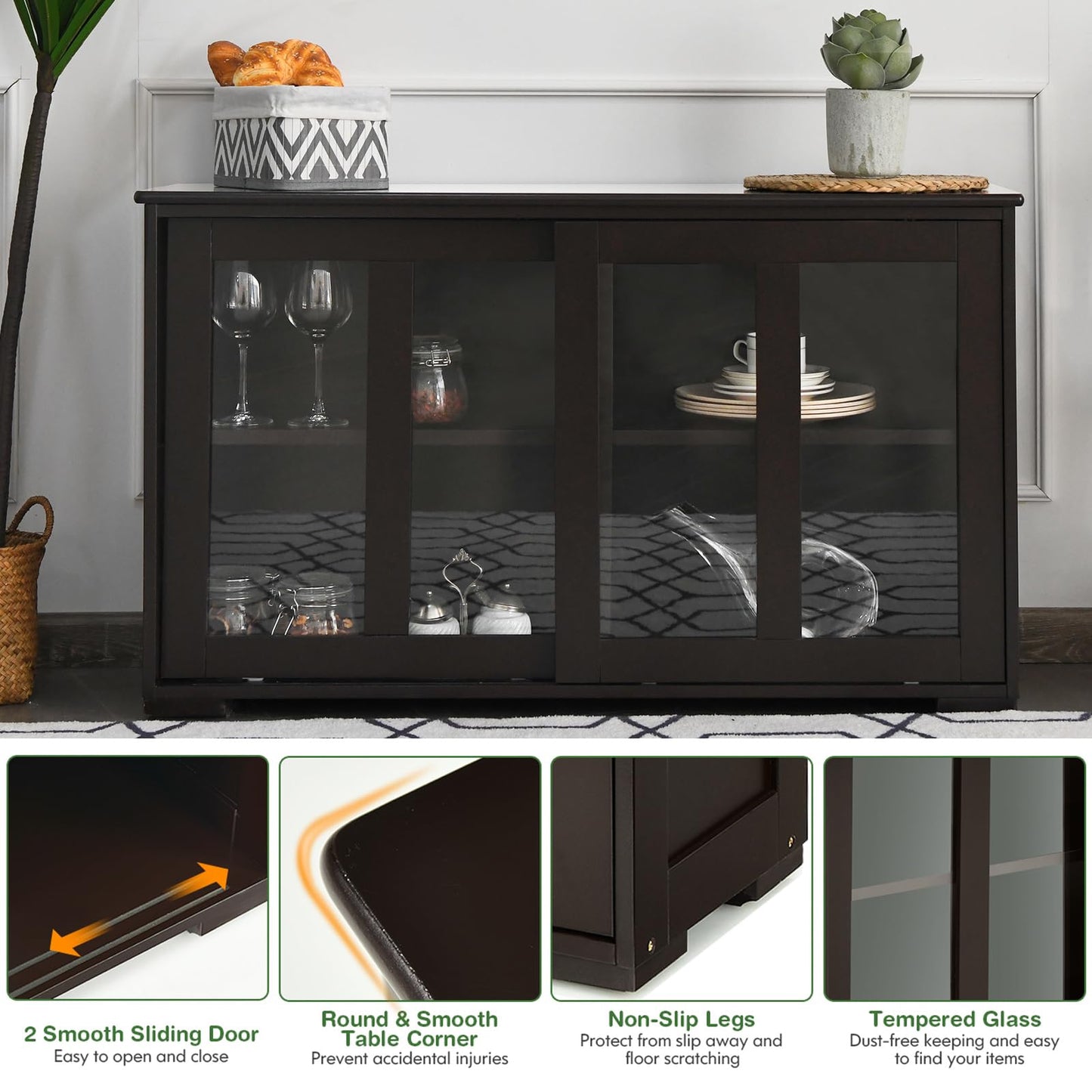 Byroce Sideboard Buffet Cabinet, Stackable Storage Coffee Bar Cabinet with Adjustable Shelf & Glass Sliding Doors, Wood Cupboard Credenza Console Table for Kitchen Dining Living Room (1, Coffee)