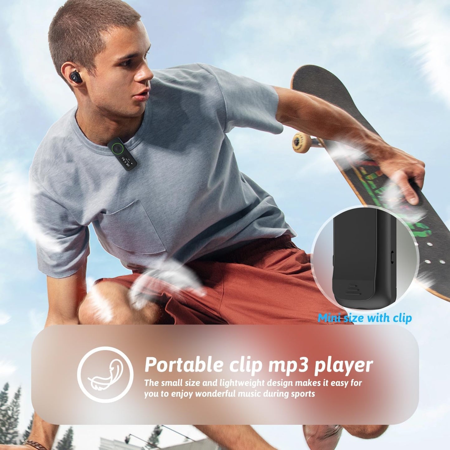 wiwoo 64GB MP3 MP3 Sport Clip on Player with Bluetooth- Superlight Mini Player with Clip and Recorder(No FM), MicroSD