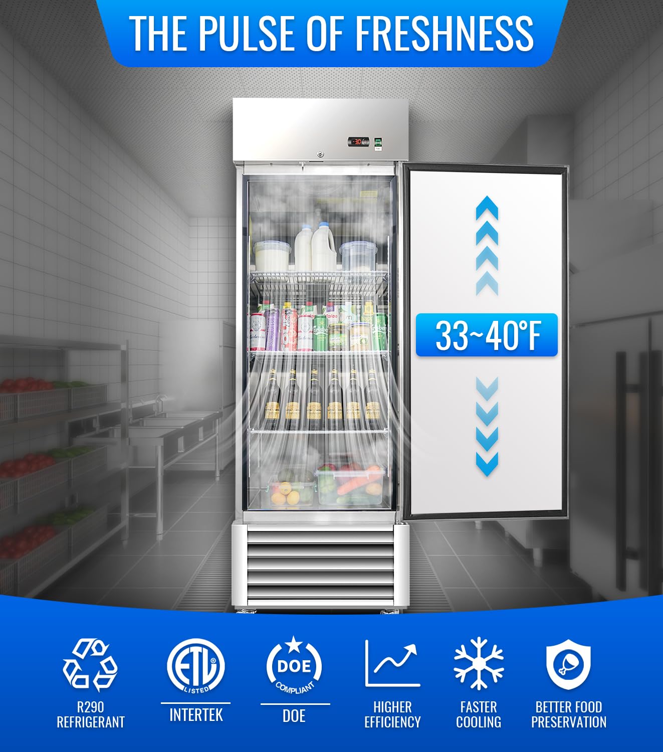 27" W Commercial Refrigerator, 23.6Cu.ft Reach-In Single Door Stainless Steel commercial fridge, 3 Shelves, Fan Cooling, Auto Defrost, Digital Thermostat - Ideal for Restaurant, Bar, Cafe, Shop