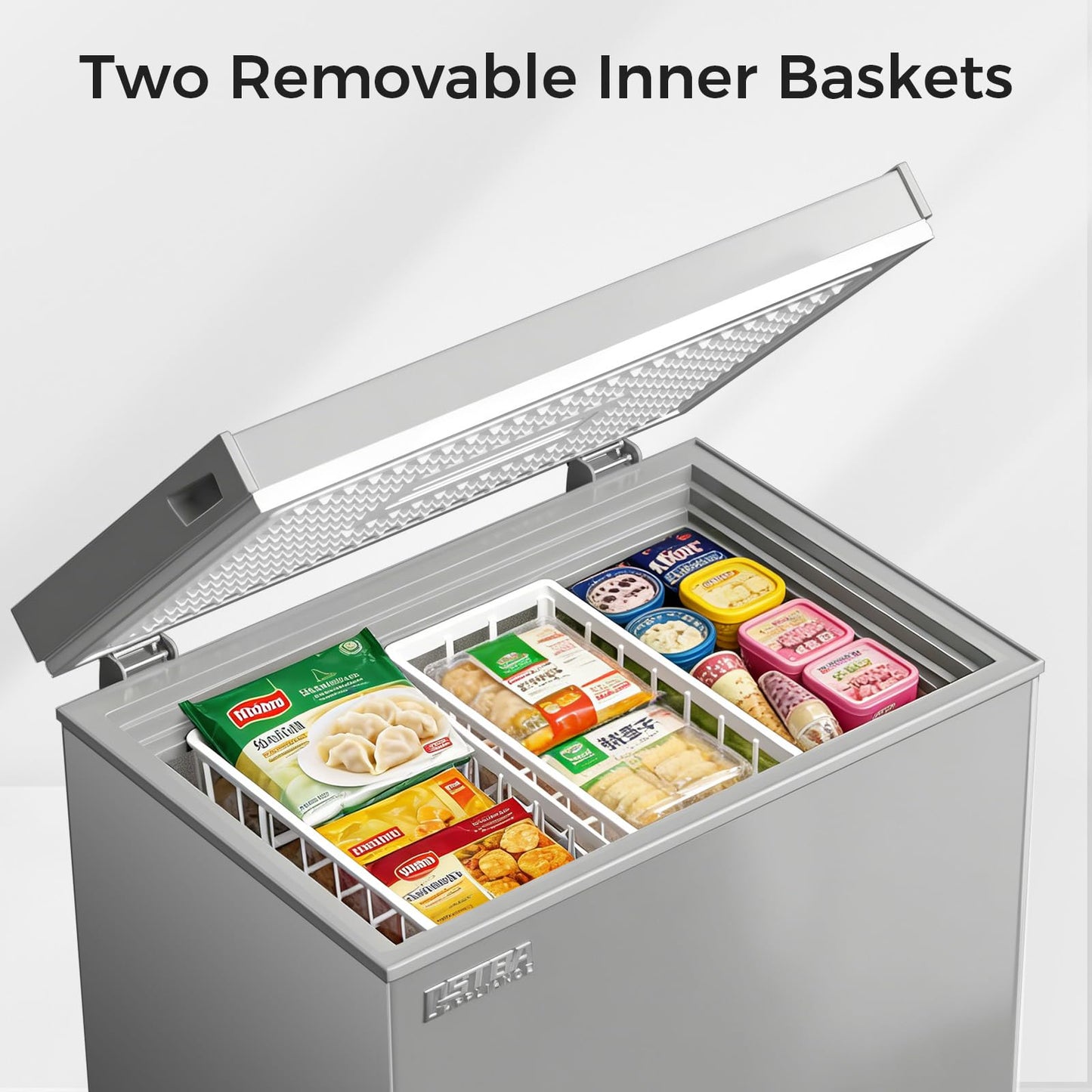 OSTBA 5.3 Cu.Ft Chest Freezer, Large Capacity Deep Freezer with 2 Removable Baskets, Bottom Wheels, 6-Level Temperature Control with Fast Freeze Mode, Energy Saving Quiet Freezer, Silver