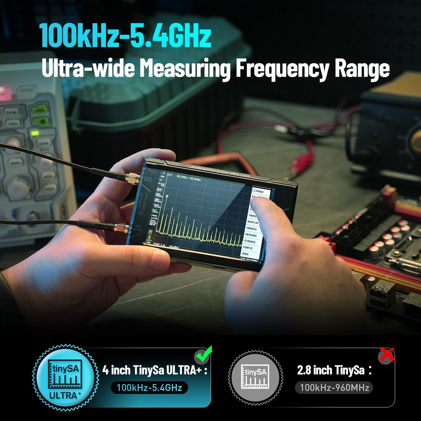 SeeSii TinySA Ultra+ ZS406 Spectrum Analyzer with 50W Attenuator, 4.0 Inch 100kHz to 5.4GHz Handheld Tiny Frequency Analyzer with 32Gb Card,100kHz to 800MHz MF/HF/VHF UHF Input, 2025 Upgraded