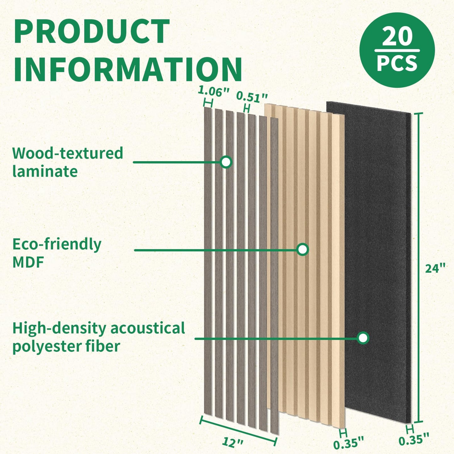 Wood Wall Panels 24" x 12" Acoustic Wood Slat Wall Panel, 20-Pack(40ft²) Soundproof Wood Slat Panel for Noise Cancelling and Interior Wall Decoration, Living Room, Bedroom, Office, Grey