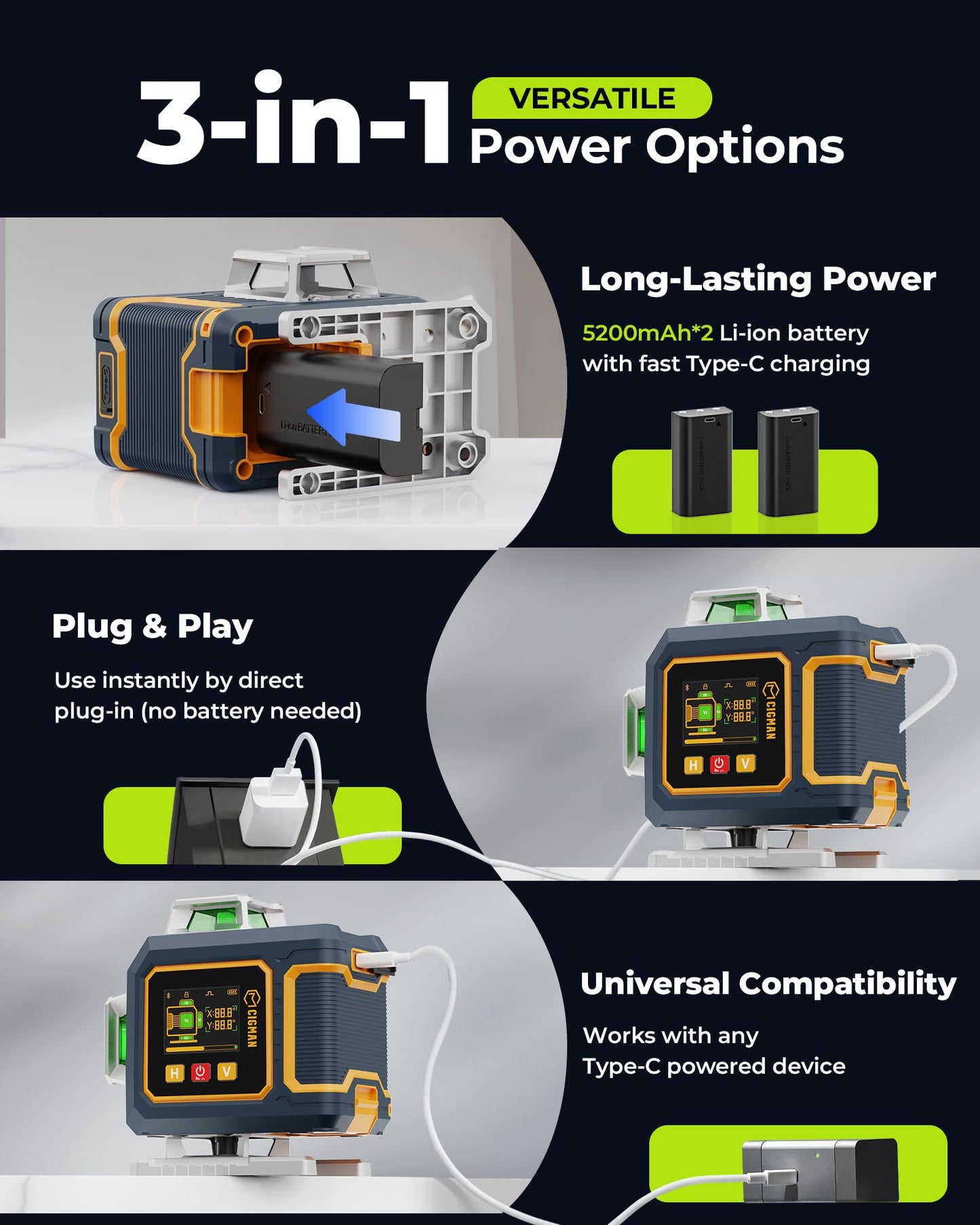 CIGMAN 16 Lines Green Laser Level 4×360° Self Leveling, Side LCD, Bluetooth App Remote, Pulse Mode for Receiver, 2×Li-ion (USB-C), Liftable Stand, 1/4" Mount, IP54, ABS Hard Case – S04